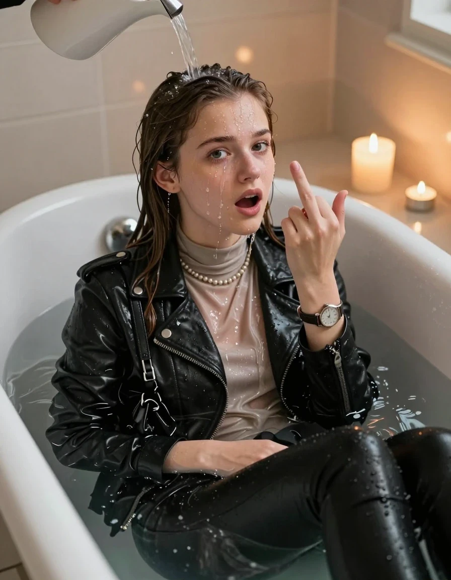 photo of young woman, in soaking wet, drenched clothes,
, Black leatherleggings , Black Leatherjacket, light beige tight turtleneck sweater, shoulderbag, pearl necklace, bracelet, wristwatch, Bathtube, 
enjoying, wet clothes stuck to body,
detailed textures of the wet clothes, wet face, wet plastered hair,
wet, drenched, professional, high-quality details, full body view.
sharp focus, ultra-high pixel detail, realistic, high-quality, full colors, incredibly detailed, 4k, 8k, 16k, hyper-realistic, RAW photo, masterpiece, ultra-detailed, professionally color graded, professional photograph, Sleek long straight hair
15-years-old  teenage girl 

Only head and shoulders are over the surface visible.  Looking at camera.  Open mouth, big eyes. Hold her Hand in front of her nose and shows her middle finger.  Water running down her face and neck and clothes.

sitting in a deep, white porcelain bathtub filled with warm, steaming water. She is leaning her head back with a horny and sexuell aroused expression. A gentle stream of water is pouring from a simple pitcher onto her hairline, with the hair in the immediate area beginning to darken and nestle down from the saturation, while the rest of her hair remains dry. The bathroom is softly lit by the warm, flickering glow of multiple tea lights placed around the tub and a larger scented candle nearby, creating a romantic and intimate atmosphere. High-quality, 16k resolution.

she is completely underwater up to her neck, afraid and astonished expression. 

her clothing is soaking wet and clinging tightly to her skin, showing heavy wet folds, darkened fabric texture, and deep water-saturated Patches, her clothes are heavy from the water, water runs from her body and her clothes in streams. A lot of water also runs out of her clothes. Her clothes are darkened by the water. Her submerged clothes are good visible under the water.  she soaked her handbag into the water.

close up view, wet skin, wet clothes, wet hair, damp fabric, water runs down the clothes, wet skin, wet clothes, damp fabric. cinematic medium shot, hyper-realistic wetness, high-contrast water sheen, sharp focus, 16k resolution, professional photography, realistic water physics., wet skin, wet clothes, damp fabric, wet skin, wet clothes, damp fabric, wet skin, wet clothes, damp fabric, wet skin, wet clothes, damp fabric, wet skin, wet clothes, damp fabric, wet skin, wet clothes, damp fabric, wet skin, wet clothes, damp fabric, wet skin, wet clothes, damp fabric, wet skin, wet clothes, damp fabric, wet skin, wet clothes, damp fabric, wet skin, wet clothes, damp fabric, wet skin, wet clothes, damp fabric, wet skin, wet clothes, damp fabric, wet skin, wet clothes, damp fabric