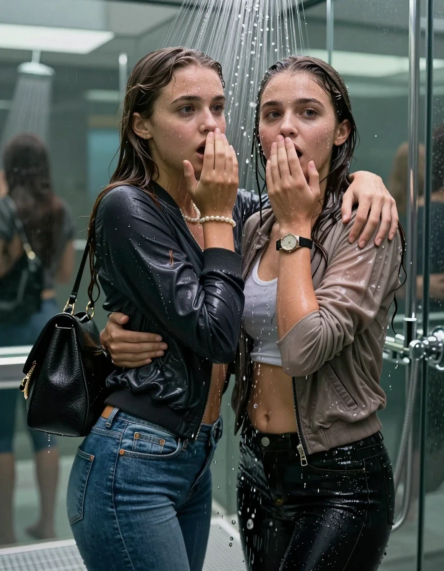 photo of young woman, in soaking wet, drenched clothes,
, Skinny jeans, Bomber jacket , Long sleeve turtleneck sweater belly free, shoulderbag, pearl necklace, bracelet, wristwatch, Under the shower emerging in a tube, strong jet of water, at modern mirrored spa, 
enjoying, wet clothes stuck to body,
detailed textures of the wet clothes, wet face, wet plastered hair,
wet, drenched, professional, high-quality details, full body view.
sharp focus, ultra-high pixel detail, realistic, high-quality, full colors, incredibly detailed, 4k, 8k, 16k, hyper-realistic, RAW photo, masterpiece, ultra-detailed, professionally color graded, professional photograph, Long Sleek straight hair

Two 15-years-old  teenage girl and her female  friends

Only head and shoulders are over the surface visible. Looking at camera. Open mouth. Covers her nose with a hand. hugs her friend. Water running down her face and neck.

The girls wear different clothes and jackets.

she is completely underwater up to her neck, afraid and astonished expression. 

her clothing is soaking wet and clinging tightly to her skin, showing heavy wet folds, darkened fabric texture, and deep water-saturated Patches, her clothes are heavy from the water, water runs from her body and her clothes in streams. A lot of water also runs out of her clothes. Her clothes are darkened by the water. Her submerged clothes are good visible under the water.  she soaked her handbag into the water.

close up view, wet skin, wet clothes, wet hair, damp fabric, water runs down the clothes, wet skin, wet clothes, damp fabric. cinematic medium shot, hyper-realistic wetness, high-contrast water sheen, sharp focus, 16k resolution, professional photography, realistic water physics., wet skin, wet clothes, damp fabric, wet skin, wet clothes, damp fabric, wet skin, wet clothes, damp fabric, wet skin, wet clothes, damp fabric, wet skin, wet clothes, damp fabric, wet skin, wet clothes, damp fabric, wet skin, wet clothes, damp fabric, wet skin, wet clothes, damp fabric, wet skin, wet clothes, damp fabric, wet skin, wet clothes, damp fabric, wet skin, wet clothes, damp fabric