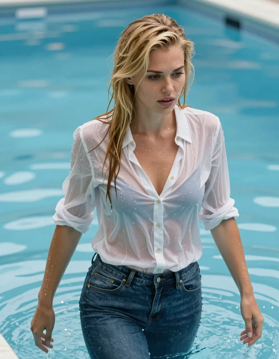 photo of young woman, in soaking wet, drenched clothes,
jeans, shirt, Step out of the pool, 
enjoying, wet clothes stuck to body,
detailed textures of the wet clothes, wet face, wet plastered hair,
wet, drenched, professional, high-quality details, full body view.
sharp focus, ultra-high pixel detail, realistic, high-quality, full colors, incredibly detailed, 4k, 8k, 16k, hyper-realistic, RAW photo, masterpiece, ultra-detailed, professionally color graded, professional photograph, A blond V-cut haircut features long layers trimmed into a sharp V-shape at the back, resembling a pointed V from behind, wet skin, wet clothes, damp fabric