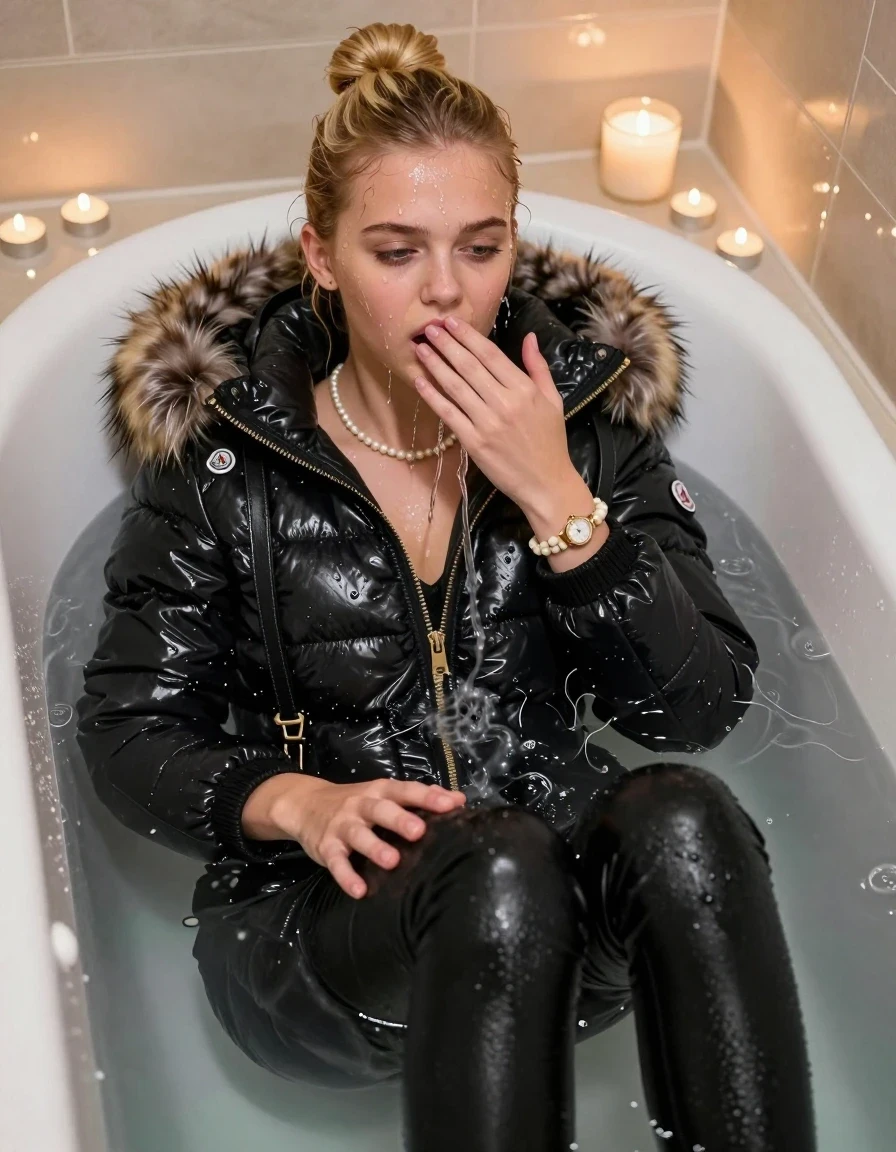 photo of young woman, in soaking wet, drenched clothes,
, Black leatherleggings , moncler shiny puffer down jacket with fur, v-neck sweater, shoulderbag, pearl necklace, bracelet, wristwatch, Bathtube, 
enjoying, wet clothes stuck to body,
detailed textures of the wet clothes, wet face, wet plastered hair,
wet, drenched, professional, high-quality details, full body view.
sharp focus, ultra-high pixel detail, realistic, high-quality, full colors, incredibly detailed, 4k, 8k, 16k, hyper-realistic, RAW photo, masterpiece, ultra-detailed, professionally color graded, professional photograph, Blonde sleek bun 
15-years-old  teenage girl 

Only head and shoulders are over the surface visible.  Looking at camera.  Open mouth, half closed eyes. Hold a hand on her mouth. hold with the other the viewer's hand, pulling them toward the center of the water. Water running down her face and neck and clothes.

Sitting in a deep, white porcelain bathtub filled with warm, steaming water. She is leaning her head back with a horny and sexuell aroused expression. The bathroom is softly lit by the warm, flickering glow of multiple tea lights placed around the tub and a larger scented candle nearby, creating a romantic and intimate atmosphere. High-quality, 16k resolution.

she is completely underwater up to her neck, afraid and astonished expression. 

her clothing is soaking wet and clinging tightly to her skin, showing heavy wet folds, darkened fabric texture, and deep water-saturated Patches, her clothes are heavy from the water, water runs from her body and her clothes in streams. A lot of water also runs out of her clothes. Her clothes are darkened by the water. Her submerged clothes are good visible under the water.  she soaked her handbag into the water.

close up view, wet skin, wet clothes, wet hair, damp fabric, water runs down the clothes, wet skin, wet clothes, damp fabric. cinematic medium shot, hyper-realistic wetness, high-contrast water sheen, sharp focus, 16k resolution, professional photography, realistic water physics., wet skin, wet clothes, damp fabric, wet skin, wet clothes, damp fabric, wet skin, wet clothes, damp fabric, wet skin, wet clothes, damp fabric, wet skin, wet clothes, damp fabric, wet skin, wet clothes, damp fabric, wet skin, wet clothes, damp fabric, wet skin, wet clothes, damp fabric, wet skin, wet clothes, damp fabric, wet skin, wet clothes, damp fabric, wet skin, wet clothes, damp fabric, wet skin, wet clothes, damp fabric, wet skin, wet clothes, damp fabric, wet skin, wet clothes, damp fabric, wet skin, wet clothes, damp fabric, wet skin, wet clothes, damp fabric
