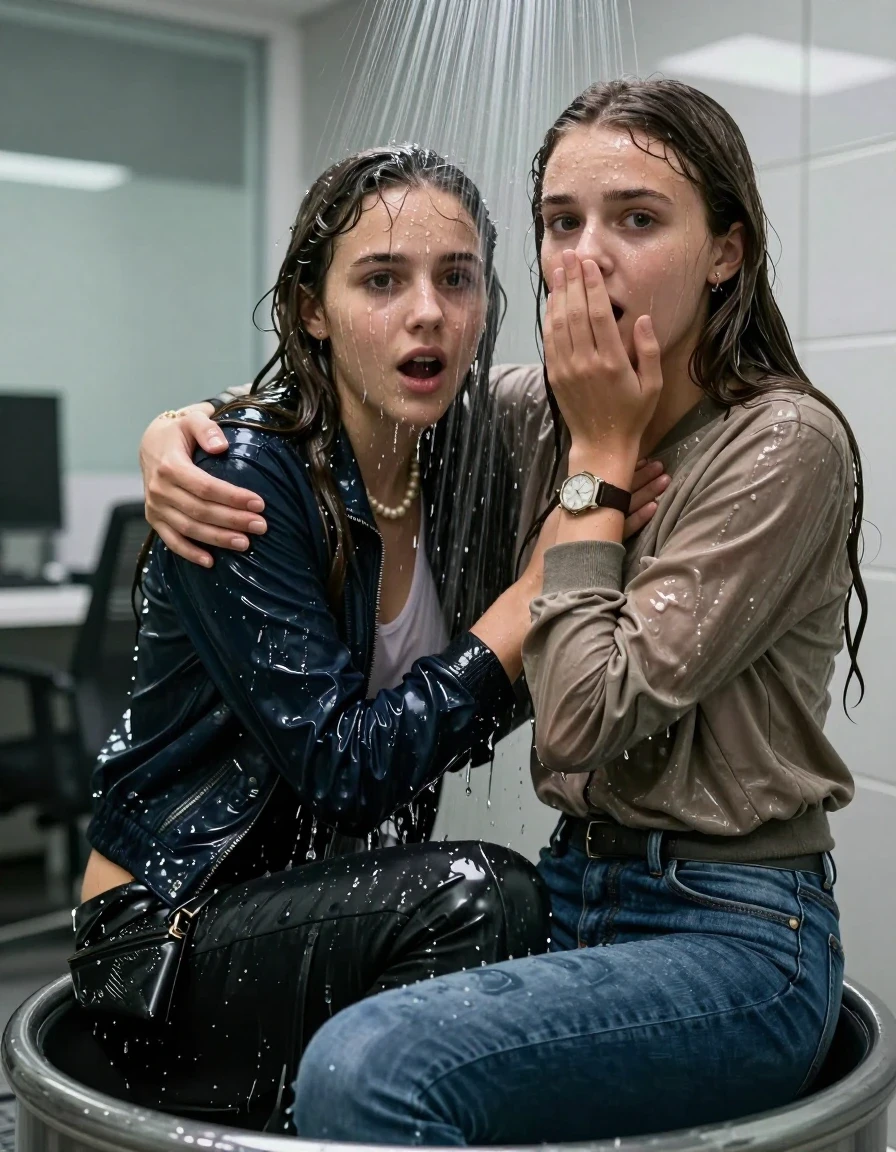 photo of young woman, in soaking wet, drenched clothes,
, Skinny jeans, Bomber jacket , Long sleeve turtleneck sweater belly free, shoulderbag, pearl necklace, bracelet, wristwatch, Under the shower sitting emerged in a tube, strong jet of water, at office, 
enjoying, wet clothes stuck to body,
detailed textures of the wet clothes, wet face, wet plastered hair,
wet, drenched, professional, high-quality details, full body view.
sharp focus, ultra-high pixel detail, realistic, high-quality, full colors, incredibly detailed, 4k, 8k, 16k, hyper-realistic, RAW photo, masterpiece, ultra-detailed, professionally color graded, professional photograph, Long Sleek straight hair

Two 15-years-old  teenage girl and her female  friends

Only head and shoulders are over the surface visible. Looking at camera. Open mouth. Covers her nose with a hand. hugs her friend. Water running down her face and neck.

The girls wear different clothes and jackets.

she is completely underwater up to her neck, afraid and astonished expression. 

her clothing is soaking wet and clinging tightly to her skin, showing heavy wet folds, darkened fabric texture, and deep water-saturated Patches, her clothes are heavy from the water, water runs from her body and her clothes in streams. A lot of water also runs out of her clothes. Her clothes are darkened by the water. Her submerged clothes are good visible under the water.  she soaked her handbag into the water.

close up view, wet skin, wet clothes, wet hair, damp fabric, water runs down the clothes, wet skin, wet clothes, damp fabric. cinematic medium shot, hyper-realistic wetness, high-contrast water sheen, sharp focus, 16k resolution, professional photography, realistic water physics., wet skin, wet clothes, damp fabric, wet skin, wet clothes, damp fabric, wet skin, wet clothes, damp fabric, wet skin, wet clothes, damp fabric, wet skin, wet clothes, damp fabric, wet skin, wet clothes, damp fabric, wet skin, wet clothes, damp fabric, wet skin, wet clothes, damp fabric, wet skin, wet clothes, damp fabric, wet skin, wet clothes, damp fabric, wet skin, wet clothes, damp fabric, wet skin, wet clothes, damp fabric