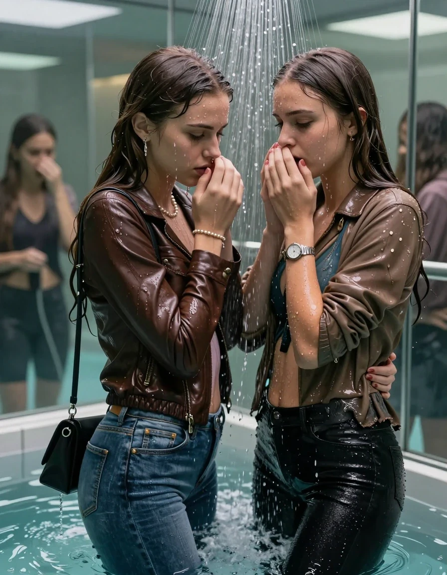 photo of young woman, in soaking wet, drenched clothes,
, Skinny jeans, LeatherBlouson with fur, Long sleeve turtleneck sweater belly free, shoulderbag, pearl necklace, bracelet, wristwatch, Under the shower emerging in a tube, strong jet of water, at modern mirrored spa, 
enjoying, wet clothes stuck to body,
detailed textures of the wet clothes, wet face, wet plastered hair,
wet, drenched, professional, high-quality details, full body view.
sharp focus, ultra-high pixel detail, realistic, high-quality, full colors, incredibly detailed, 4k, 8k, 16k, hyper-realistic, RAW photo, masterpiece, ultra-detailed, professionally color graded, professional photograph, Long Sleek straight hair

Two 15-years-old  teenage girl and her female  friends

Only head and shoulders are over the surface visible. Looking down. Open mouth. Covers her nose with a hand. hugs her friend. Water running down her face and neck.

The girls wear different clothes and jackets.

she is completely underwater up to her neck, afraid and astonished expression. 

her clothing is soaking wet and clinging tightly to her skin, showing heavy wet folds, darkened fabric texture, and deep water-saturated Patches, her clothes are heavy from the water, water runs from her body and her clothes in streams. A lot of water also runs out of her clothes. Her clothes are darkened by the water. Her submerged clothes are good visible under the water.  she soaked her handbag into the water.

close up view, wet skin, wet clothes, wet hair, damp fabric, water runs down the clothes, wet skin, wet clothes, damp fabric. cinematic medium shot, hyper-realistic wetness, high-contrast water sheen, sharp focus, 16k resolution, professional photography, realistic water physics., wet skin, wet clothes, damp fabric, wet skin, wet clothes, damp fabric, wet skin, wet clothes, damp fabric, wet skin, wet clothes, damp fabric, wet skin, wet clothes, damp fabric, wet skin, wet clothes, damp fabric, wet skin, wet clothes, damp fabric, wet skin, wet clothes, damp fabric, wet skin, wet clothes, damp fabric, wet skin, wet clothes, damp fabric, wet skin, wet clothes, damp fabric
