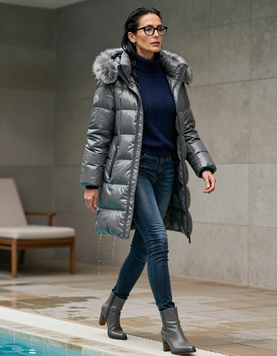 photo of young woman, in soaking wet, drenched clothes,
gray heeled boots, long back leather jeans, dark blue sweater with neck, maxi gray Moncler Shiny puffer down jacket with fur, walking and taking shower after bath in indoor pool, enjoying wet clothes stuck body, enjoying, wet clothes stuck to body, 
enjoying, wet clothes stuck to body,
detailed textures of the wet clothes, wet face, wet plastered hair,
wet, drenched, professional, high-quality details, full body view.
sharp focus, ultra-high pixel detail, realistic, high-quality, full colors, incredibly detailed, 4k, 8k, 16k, hyper-realistic, RAW photo, masterpiece, ultra-detailed, professionally color graded, professional photograph, europen brunette skinny woman 50 years old, long dark black hair, office glasses, very big and thick lips, complete body, wet skin, wet clothes, damp fabric, wet skin, wet clothes, damp fabric, wet skin, wet clothes, damp fabric, wet skin, wet clothes, damp fabric, wet skin, wet clothes, damp fabric, wet skin, wet clothes, damp fabric, wet skin, wet clothes, damp fabric