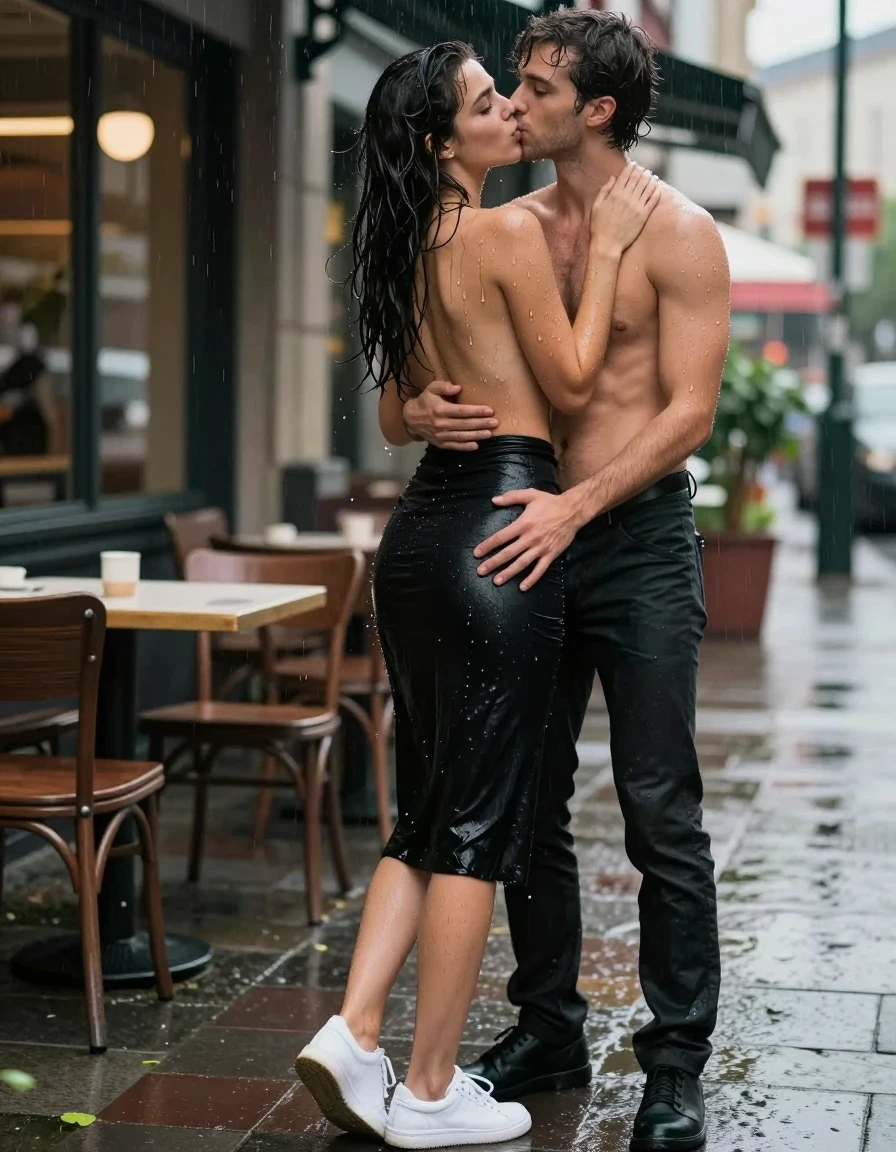 photo of young woman, in soaking wet, drenched clothes,
White sneakers, , Black midi skirt, soaked and clinging,, Topless, no bra, sheer and drenched, visible water droplets, no bra,, outdoor cafe frontage, urban sidewalk, rainy atmosphere, 
enjoying, wet clothes stuck to body,
detailed textures of the wet clothes, wet face, wet plastered hair,
wet, drenched, professional, high-quality details, full body view.
sharp focus, ultra-high pixel detail, realistic, high-quality, full colors, incredibly detailed, 4k, 8k, 16k, hyper-realistic, RAW photo, masterpiece, ultra-detailed, professionally color graded, professional photograph, Rear view of a woman in an office rush frantically, her hair is very wet and dropping, she looks very erotic, she wears no bra, water is droping out of her clothes, she wears a black midi skirt, the young woman is standing in the rain, a shirtless young man is standing in front of the young woman, they hug each other, he lays both hands down on her butt, she kisses him with very passionately on his mouth, she likes it very much, her eyes are open, photorealistic lifestyle photography, rich natural color, balanced bright exposure, moderate contrast, softly lifted shadows, high-fashion editorial style, cinematic medium shot with shallow depth of field., wet skin, wet clothes, damp fabric