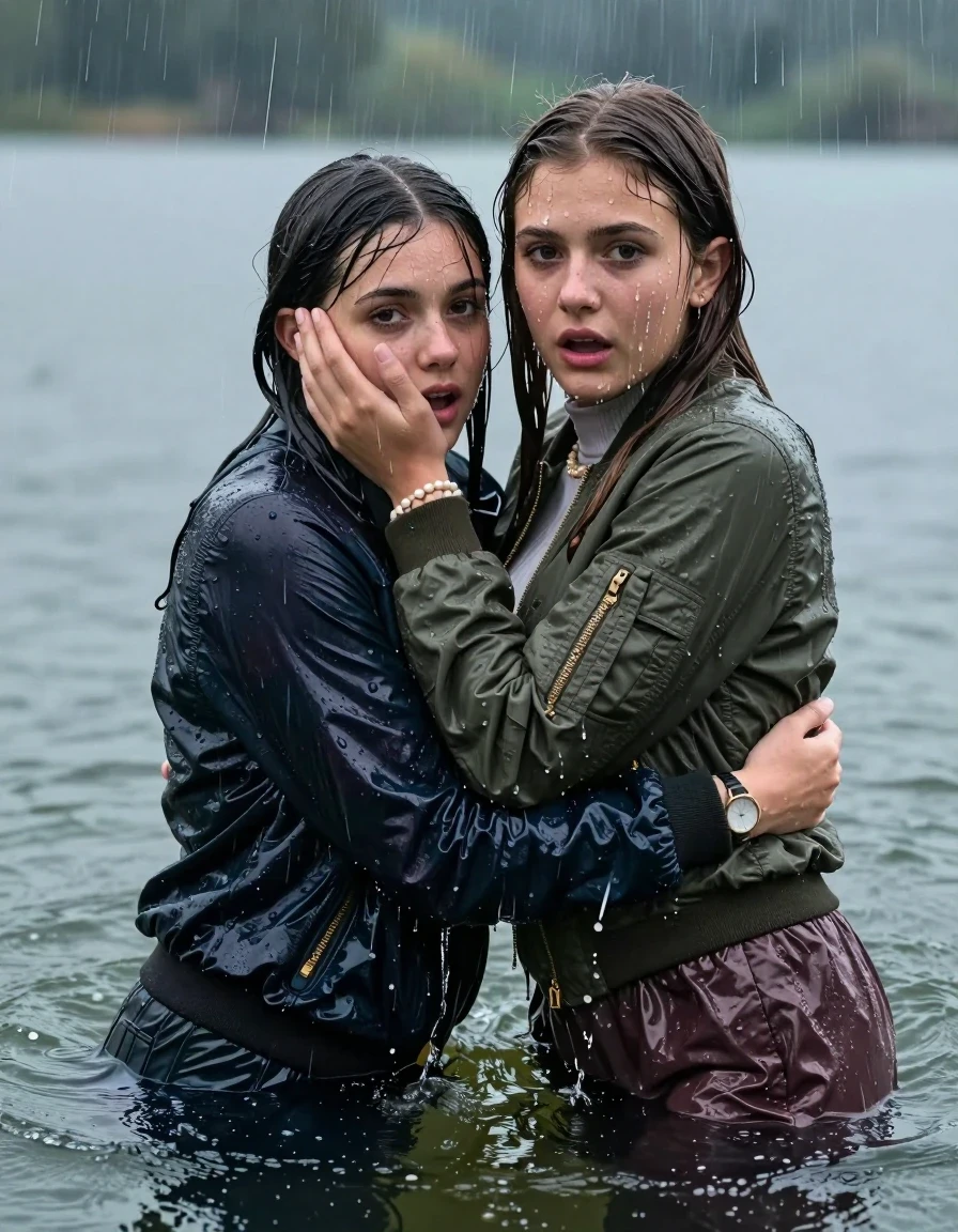 photo of young woman, in soaking wet, drenched clothes,
, , Bomber jacket , Long sleeve turtleneck sweater belly free, shoulderbag, pearl necklace, bracelet, wristwatch, Under heavy rain emerging in a lake, 
enjoying, wet clothes stuck to body,
detailed textures of the wet clothes, wet face, wet plastered hair,
wet, drenched, professional, high-quality details, full body view.
sharp focus, ultra-high pixel detail, realistic, high-quality, full colors, incredibly detailed, 4k, 8k, 16k, hyper-realistic, RAW photo, masterpiece, ultra-detailed, professionally color graded, professional photograph, Long Sleek straight hair

Two 15-years-old  teenage girl and her female  friends

Only head and shoulders are over the surface visible. Looking at camera. Open mouth. Covers her face with a hand. hugs her friend. Water running down her face and neck.

The girls wear different clothes and jackets.

she is completely underwater up to her neck, afraid and astonished expression. 

her clothing is soaking wet and clinging tightly to her skin, showing heavy wet folds, darkened fabric texture, and deep water-saturated Patches, her clothes are heavy from the water, water runs from her body and her clothes in streams. A lot of water also runs out of her clothes. Her clothes are darkened by the water. Her submerged clothes are good visible under the water.  she soaked her handbag into the water.

close up view, wet skin, wet clothes, wet hair, damp fabric, water runs down the clothes, wet skin, wet clothes, damp fabric. cinematic medium shot, hyper-realistic wetness, high-contrast water sheen, sharp focus, 16k resolution, professional photography, realistic water physics., wet skin, wet clothes, damp fabric, wet skin, wet clothes, damp fabric, wet skin, wet clothes, damp fabric, wet skin, wet clothes, damp fabric, wet skin, wet clothes, damp fabric, wet skin, wet clothes, damp fabric, wet skin, wet clothes, damp fabric, wet skin, wet clothes, damp fabric, wet skin, wet clothes, damp fabric, wet skin, wet clothes, damp fabric, wet skin, wet clothes, damp fabric