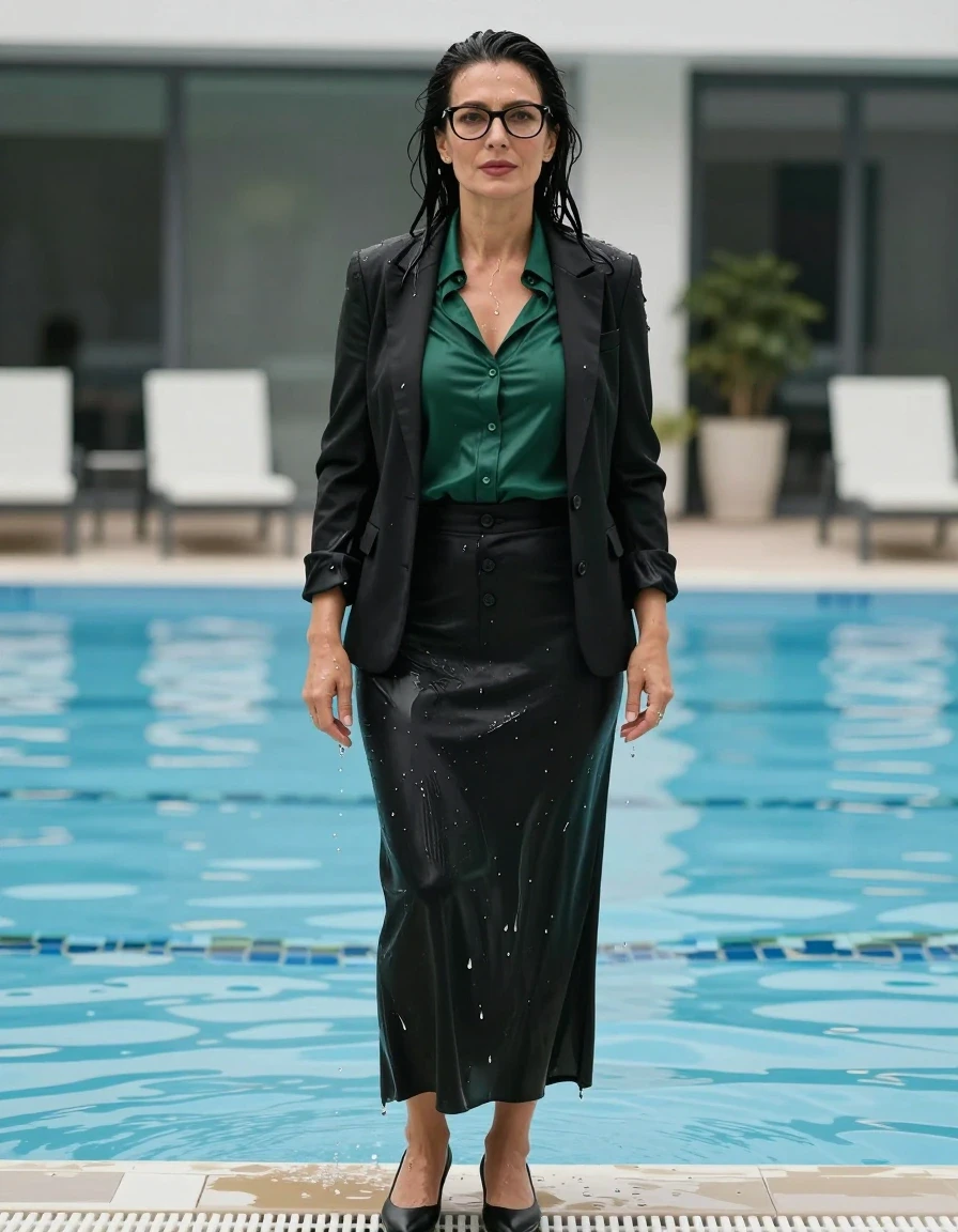 photo of young woman, in soaking wet, drenched clothes,
black shoes, maxi black skirt with buttons, dark green  silk satin shirt with long sleeves, black blazer, after swim in pool, enjoying wet clothes stuck body, enjoying, wet clothes stuck to body, 
enjoying, wet clothes stuck to body,
detailed textures of the wet clothes, wet face, wet plastered hair,
wet, drenched, professional, high-quality details, full body view.
sharp focus, ultra-high pixel detail, realistic, high-quality, full colors, incredibly detailed, 4k, 8k, 16k, hyper-realistic, RAW photo, masterpiece, ultra-detailed, professionally color graded, professional photograph, europen brunette skinny woman 50 years old, long dark black hair, office glasses, very big and thick lips, complete body, wet skin, wet clothes, damp fabric, wet skin, wet clothes, damp fabric, wet skin, wet clothes, damp fabric, wet skin, wet clothes, damp fabric, wet skin, wet clothes, damp fabric, wet skin, wet clothes, damp fabric, wet skin, wet clothes, damp fabric