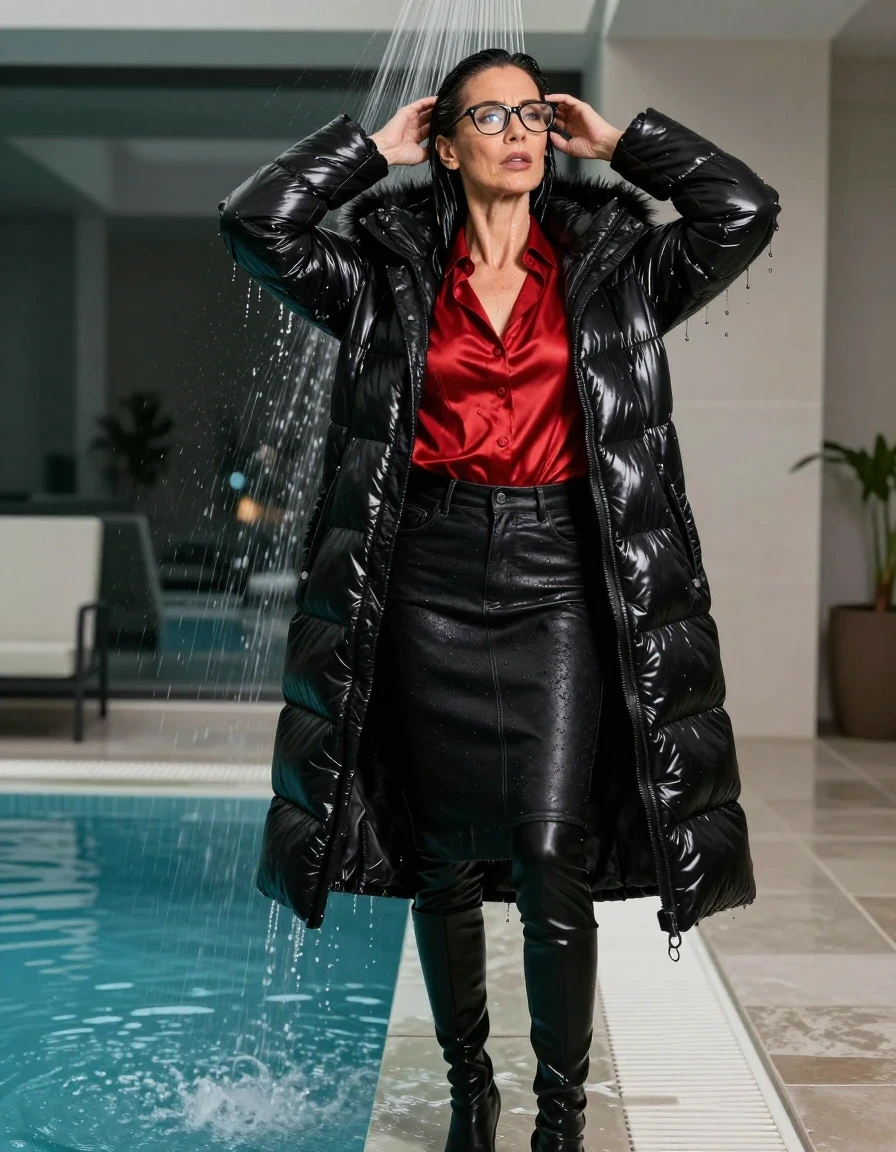 photo of young woman, in soaking wet, drenched clothes,
black heeled boots, long black leather denim skirt, red satin shirt, maxi black Shiny puffer down jacket with fur, taking shower after bath in indoor pool, enjoying wet clothes stuck body, enjoying, wet clothes stuck to body, 
enjoying, wet clothes stuck to body,
detailed textures of the wet clothes, wet face, wet plastered hair,
wet, drenched, professional, high-quality details, full body view.
sharp focus, ultra-high pixel detail, realistic, high-quality, full colors, incredibly detailed, 4k, 8k, 16k, hyper-realistic, RAW photo, masterpiece, ultra-detailed, professionally color graded, professional photograph, europen brunette skinny woman 50 years old, long dark black hair, office glasses, very big and thick lips, complete body, wet skin, wet clothes, damp fabric, wet skin, wet clothes, damp fabric, wet skin, wet clothes, damp fabric, wet skin, wet clothes, damp fabric, wet skin, wet clothes, damp fabric, wet skin, wet clothes, damp fabric, wet skin, wet clothes, damp fabric