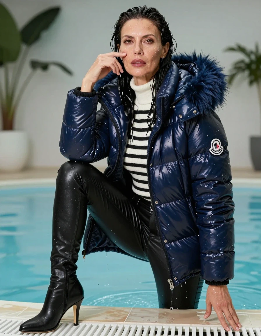 photo of young woman, in soaking wet, drenched clothes,
black heeled boots, long black leather jeans, white & black striped sweater with neck, maxi dark blue Moncler Shiny puffer down jacket with fur, after bath in indoor pool, enjoying wet clothes stuck body, enjoying, wet clothes stuck to body, 
enjoying, wet clothes stuck to body,
detailed textures of the wet clothes, wet face, wet plastered hair,
wet, drenched, professional, high-quality details, full body view.
sharp focus, ultra-high pixel detail, realistic, high-quality, full colors, incredibly detailed, 4k, 8k, 16k, hyper-realistic, RAW photo, masterpiece, ultra-detailed, professionally color graded, professional photograph, europen brunette skinny woman 50 years old, long dark black hair, very big and thick lips, complete body, wet skin, wet clothes, damp fabric, wet skin, wet clothes, damp fabric, wet skin, wet clothes, damp fabric, wet skin, wet clothes, damp fabric, wet skin, wet clothes, damp fabric, wet skin, wet clothes, damp fabric, wet skin, wet clothes, damp fabric