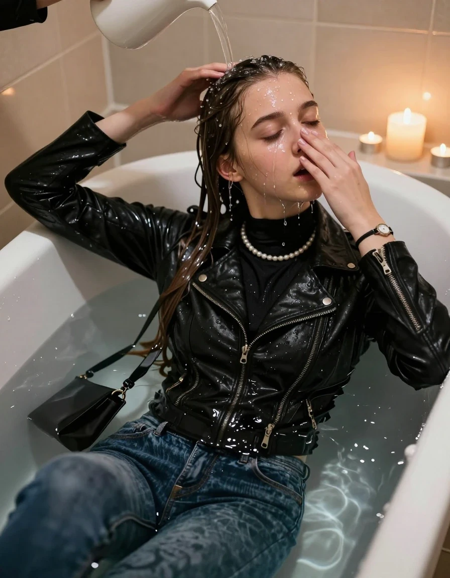 photo of young woman, in soaking wet, drenched clothes,
, Skinny jeans, Black biker Leatherjacket, tight turtleneck sweater belly free, shoulderbag, pearl necklace, bracelet, wristwatch, Bathtube, 
enjoying, wet clothes stuck to body,
detailed textures of the wet clothes, wet face, wet plastered hair,
wet, drenched, professional, high-quality details, full body view.
sharp focus, ultra-high pixel detail, realistic, high-quality, full colors, incredibly detailed, 4k, 8k, 16k, hyper-realistic, RAW photo, masterpiece, ultra-detailed, professionally color graded, professional photograph, Long Sleek straight hair

Two 15-years-old  teenage girl 

Only head and shoulders are over the surface visible. Looking at camera. Open mouth. Covers her nose with a hand. Water running down her face and neck.

sitting in a deep, white porcelain bathtub filled with warm, steaming water. She is leaning her head back with a serene and expectant expression, eyes closed. A gentle stream of water is pouring from a simple pitcher onto her hairline, with the hair in the immediate area beginning to darken and nestle down from the saturation, while the rest of her hair remains dry. The bathroom is softly lit by the warm, flickering glow of multiple tea lights placed around the tub and a larger scented candle nearby, creating a romantic and intimate atmosphere. High-quality, 16k resolution.

she is completely underwater up to her neck, afraid and astonished expression. 

her clothing is soaking wet and clinging tightly to her skin, showing heavy wet folds, darkened fabric texture, and deep water-saturated Patches, her clothes are heavy from the water, water runs from her body and her clothes in streams. A lot of water also runs out of her clothes. Her clothes are darkened by the water. Her submerged clothes are good visible under the water.  she soaked her handbag into the water.

close up view, wet skin, wet clothes, wet hair, damp fabric, water runs down the clothes, wet skin, wet clothes, damp fabric. cinematic medium shot, hyper-realistic wetness, high-contrast water sheen, sharp focus, 16k resolution, professional photography, realistic water physics., wet skin, wet clothes, damp fabric, wet skin, wet clothes, damp fabric, wet skin, wet clothes, damp fabric, wet skin, wet clothes, damp fabric, wet skin, wet clothes, damp fabric, wet skin, wet clothes, damp fabric, wet skin, wet clothes, damp fabric, wet skin, wet clothes, damp fabric, wet skin, wet clothes, damp fabric, wet skin, wet clothes, damp fabric, wet skin, wet clothes, damp fabric, wet skin, wet clothes, damp fabric, wet skin, wet clothes, damp fabric, wet skin, wet clothes, damp fabric
