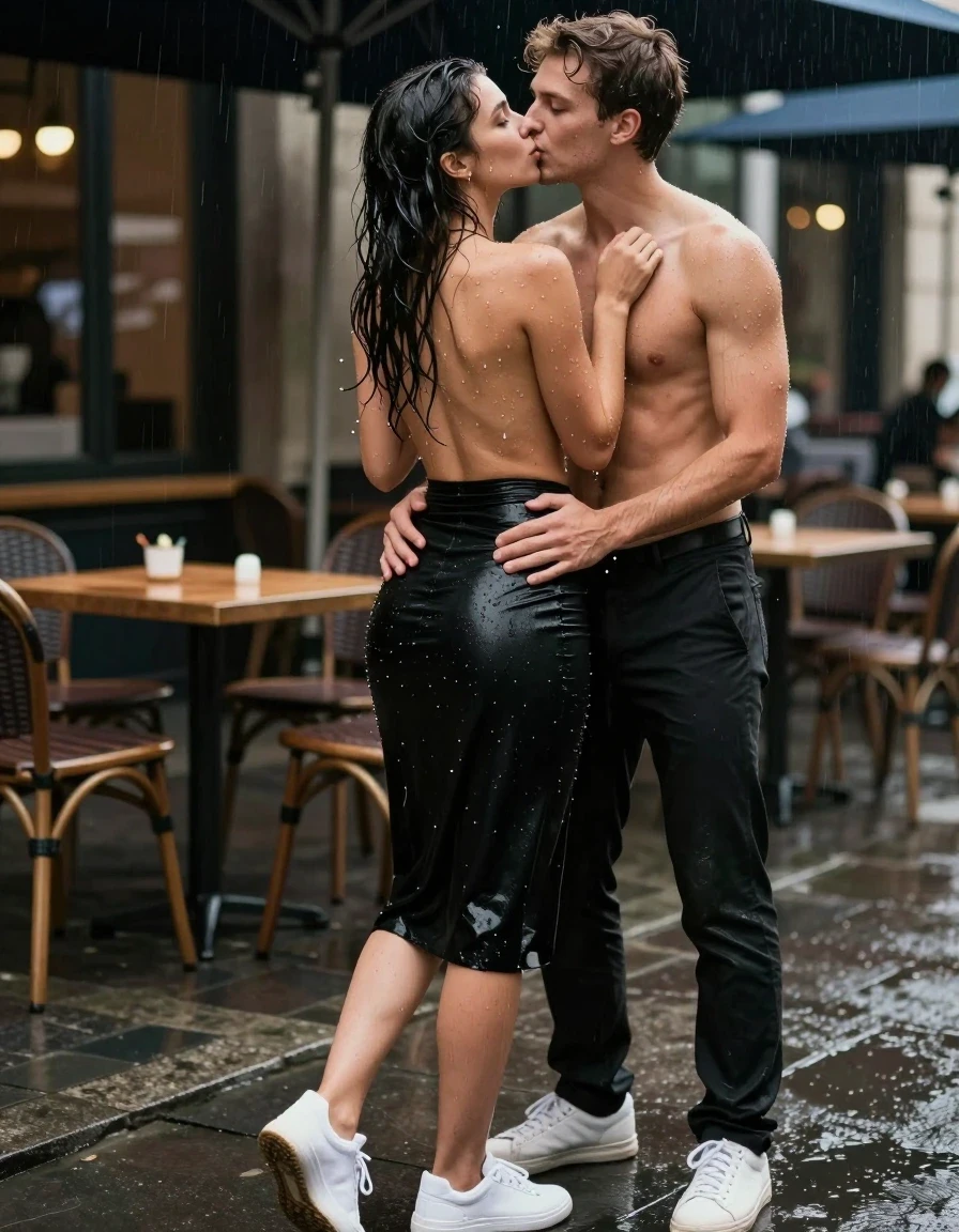 photo of young woman, in soaking wet, drenched clothes,
White sneakers, , Black midi skirt, soaked and clinging,, Topless, no bra, sheer and drenched, visible water droplets, no bra,, outdoor cafe frontage, urban sidewalk, rainy atmosphere, 
enjoying, wet clothes stuck to body,
detailed textures of the wet clothes, wet face, wet plastered hair,
wet, drenched, professional, high-quality details, full body view.
sharp focus, ultra-high pixel detail, realistic, high-quality, full colors, incredibly detailed, 4k, 8k, 16k, hyper-realistic, RAW photo, masterpiece, ultra-detailed, professionally color graded, professional photograph, Rear view of a woman in an office rush frantically, her hair is very wet and dropping, she looks very erotic, she wears no bra, water is droping out of her clothes, she wears a black midi skirt, the young woman is standing in the rain, a shirtless young man is standing in front of the young woman, they hug each other, he lays both hands down on her butt, she kisses him with very passionately on his mouth, she likes it very much, her eyes are open, photorealistic lifestyle photography, rich natural color, balanced bright exposure, moderate contrast, softly lifted shadows, high-fashion editorial style, cinematic medium shot with shallow depth of field., wet skin, wet clothes, damp fabric