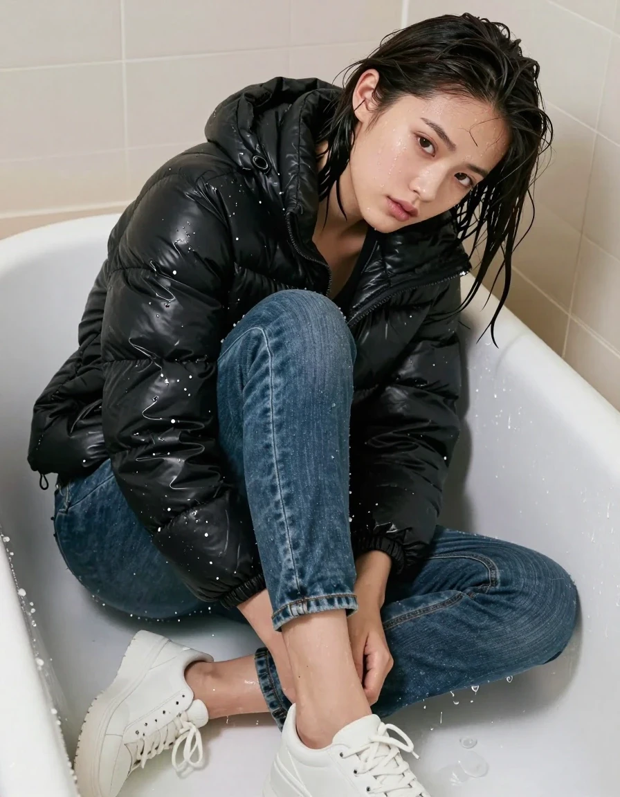 photo of young woman, in soaking wet, drenched clothes,
white shoes, Jeans, black puffy jacket model Como 1 bergen, tub, 
enjoying, wet clothes stuck to body,
detailed textures of the wet clothes, wet face, wet plastered hair,
wet, drenched, professional, high-quality details, full body view.
sharp focus, ultra-high pixel detail, realistic, high-quality, full colors, incredibly detailed, 4k, 8k, 16k, hyper-realistic, RAW photo, masterpiece, ultra-detailed, professionally color graded, professional photograph, Getting slowly wet in the tub with a hole in the trousers, wet skin, wet clothes, damp fabric