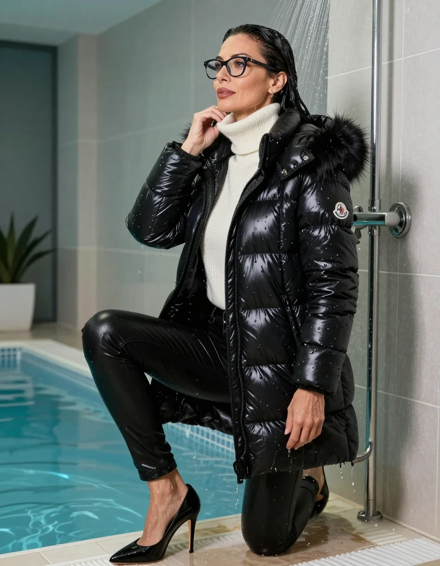 photo of young woman, in soaking wet, drenched clothes,
black heeled shoes, long black leather jeans, white sweater with neck, maxi black Moncler Shiny puffer down jacket with fur, taking shower after bath in indoor pool, enjoying wet clothes stuck body, enjoying, wet clothes stuck to body, 
enjoying, wet clothes stuck to body,
detailed textures of the wet clothes, wet face, wet plastered hair,
wet, drenched, professional, high-quality details, full body view.
sharp focus, ultra-high pixel detail, realistic, high-quality, full colors, incredibly detailed, 4k, 8k, 16k, hyper-realistic, RAW photo, masterpiece, ultra-detailed, professionally color graded, professional photograph, europen brunette skinny woman 50 years old, long dark black hair, office glasses, very big and thick lips, complete body, wet skin, wet clothes, damp fabric, wet skin, wet clothes, damp fabric, wet skin, wet clothes, damp fabric, wet skin, wet clothes, damp fabric, wet skin, wet clothes, damp fabric, wet skin, wet clothes, damp fabric, wet skin, wet clothes, damp fabric