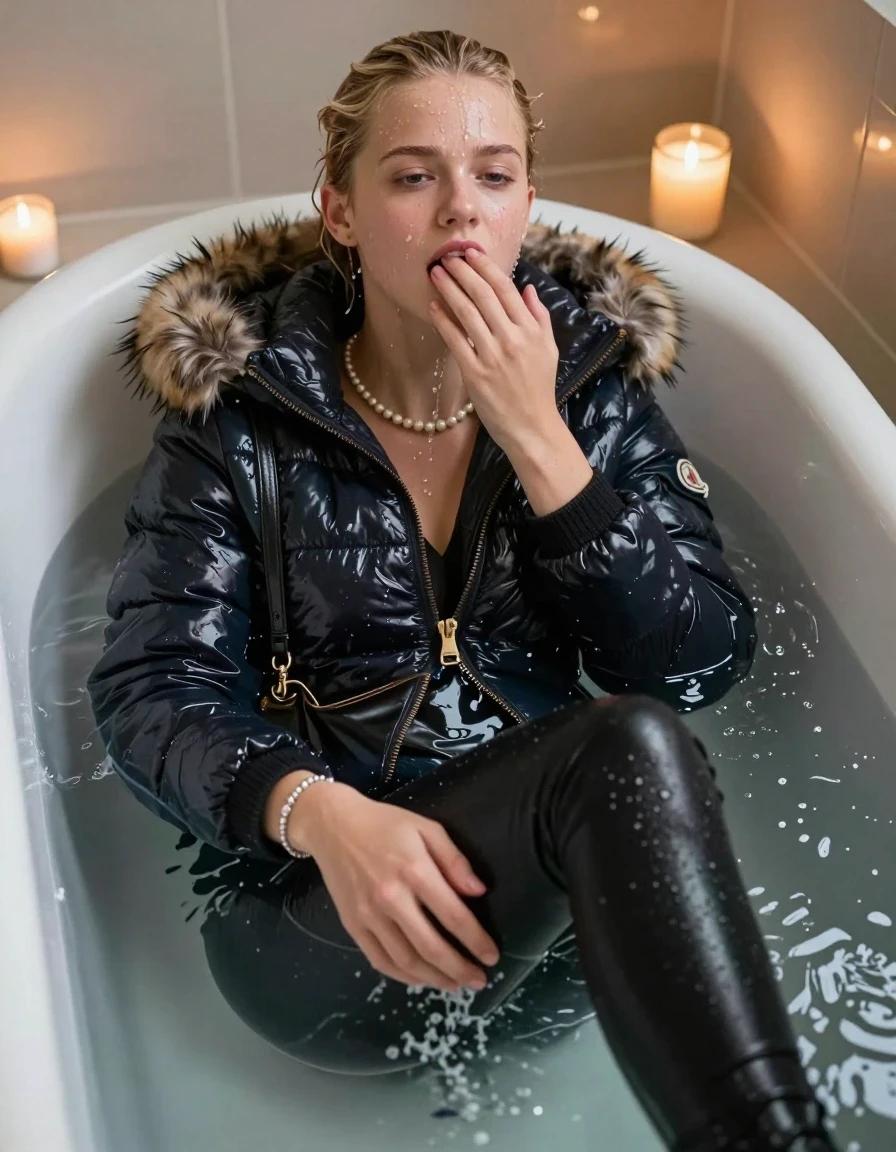 photo of young woman, in soaking wet, drenched clothes,
, Black leatherleggings , moncler shiny puffer down jacket with fur, v-neck sweater, shoulderbag, pearl necklace, bracelet, wristwatch, Bathtube, 
enjoying, wet clothes stuck to body,
detailed textures of the wet clothes, wet face, wet plastered hair,
wet, drenched, professional, high-quality details, full body view.
sharp focus, ultra-high pixel detail, realistic, high-quality, full colors, incredibly detailed, 4k, 8k, 16k, hyper-realistic, RAW photo, masterpiece, ultra-detailed, professionally color graded, professional photograph, Blonde sleek bun 
15-years-old  teenage girl 

Only head and shoulders are over the surface visible.  Looking at camera.  Open mouth, half closed eyes. Hold a hand on her mouth. hold with the other the viewer's hand, pulling them toward the center of the water. Water running down her face and neck and clothes.

Sitting in a deep, white porcelain bathtub filled with warm, steaming water. She is leaning her head back with a horny and sexuell aroused expression. The bathroom is softly lit by the warm, flickering glow of multiple tea lights placed around the tub and a larger scented candle nearby, creating a romantic and intimate atmosphere. High-quality, 16k resolution.

she is completely underwater up to her neck, afraid and astonished expression. 

her clothing is soaking wet and clinging tightly to her skin, showing heavy wet folds, darkened fabric texture, and deep water-saturated Patches, her clothes are heavy from the water, water runs from her body and her clothes in streams. A lot of water also runs out of her clothes. Her clothes are darkened by the water. Her submerged clothes are good visible under the water.  she soaked her handbag into the water.

close up view, wet skin, wet clothes, wet hair, damp fabric, water runs down the clothes, wet skin, wet clothes, damp fabric. cinematic medium shot, hyper-realistic wetness, high-contrast water sheen, sharp focus, 16k resolution, professional photography, realistic water physics., wet skin, wet clothes, damp fabric, wet skin, wet clothes, damp fabric, wet skin, wet clothes, damp fabric, wet skin, wet clothes, damp fabric, wet skin, wet clothes, damp fabric, wet skin, wet clothes, damp fabric, wet skin, wet clothes, damp fabric, wet skin, wet clothes, damp fabric, wet skin, wet clothes, damp fabric, wet skin, wet clothes, damp fabric, wet skin, wet clothes, damp fabric, wet skin, wet clothes, damp fabric, wet skin, wet clothes, damp fabric, wet skin, wet clothes, damp fabric, wet skin, wet clothes, damp fabric, wet skin, wet clothes, damp fabric