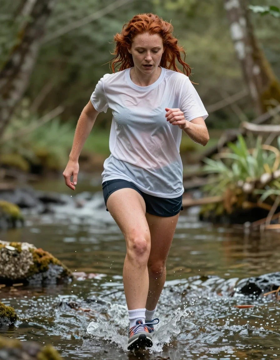 photo of young woman, in soaking wet, drenched clothes,
running sneakers white socks, running trainers, white t shirt, running through stream, 
enjoying, wet clothes stuck to body,
detailed textures of the wet clothes, wet face, wet plastered hair,
wet, drenched, professional, high-quality details, full body view.
sharp focus, ultra-high pixel detail, realistic, high-quality, full colors, incredibly detailed, 4k, 8k, 16k, hyper-realistic, RAW photo, masterpiece, ultra-detailed, professionally color graded, professional photograph, red hair girl, add some mud, wet skin, wet clothes, damp fabric