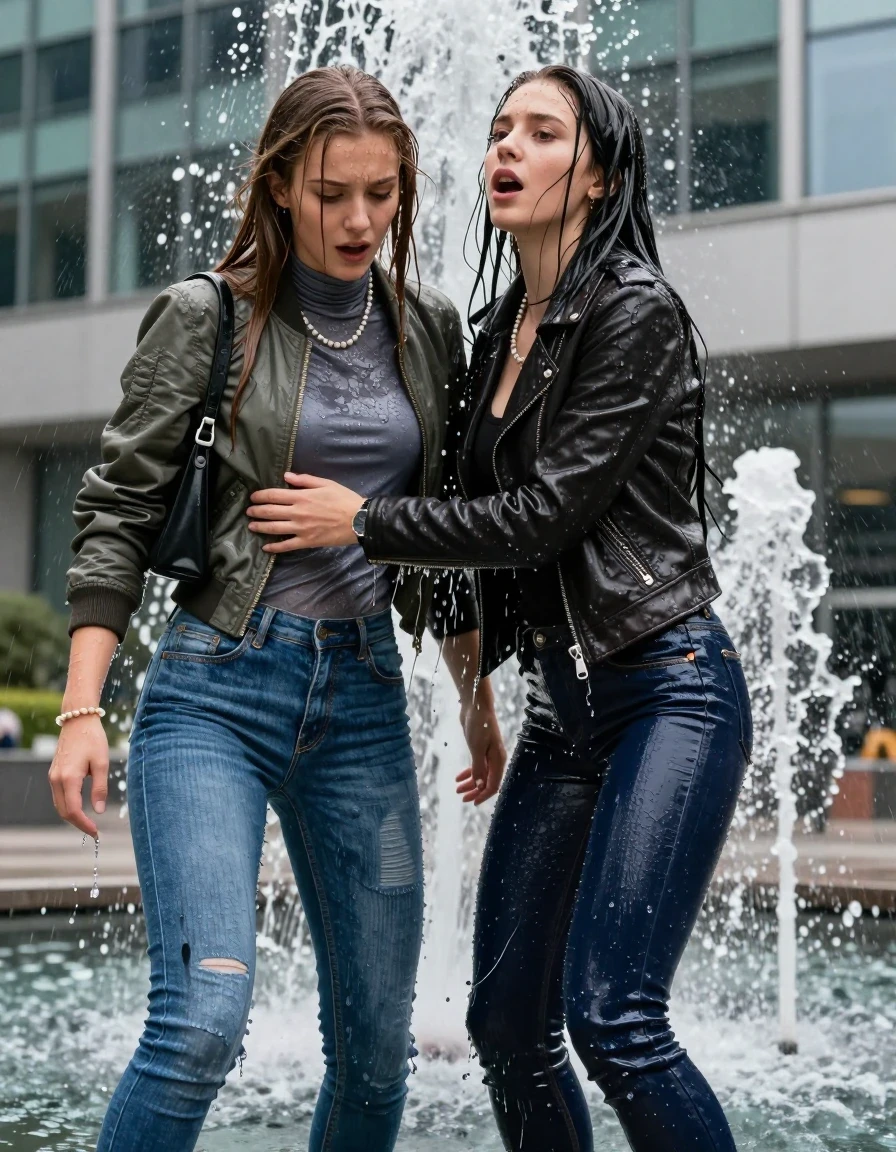 Cinematic medium shot of two 21-year-old European women, best friends, caught in a powerful, high-pressure jet of water from a fountain in front of a modern office building. One girl wears a bomber jacket over a long-sleeve belly-free turtleneck sweater, the other wears a leather jacket; both wear skinny jeans. The jeans are soaking-wet blue denim, water-saturated heavyweight denim, blue changed to deep navy and indigo, with substantially darker unevenly soaked patches, absorbed water, heavy wet folds, visible weave and stitching, and strong glossy specular reflections on the raised weave, seams, and creases. One girl looks down with an astonished expression, while the other looks up with an open mouth, hugging her friend. One girl is submerged up to her neck, looking afraid, while the other dives her friend further underwater. Their long, sleek, straight hair is plastered to their faces and necks. Their clothing is heavy, clinging tightly to their skin with deep water-saturated patches and darkened fabric textures. A shoulder bag, pearl necklace, bracelet, and wristwatch are visible, with the bag fully soaked. Water runs in constant, heavy streams off their bodies and clothes. Hyper-realistic wetness, high-contrast water sheen, wet skin, damp fabric, sharp focus, 16k resolution, professional photography, realistic water physics, dramatic lighting highlighting the cascading water and saturated textures.