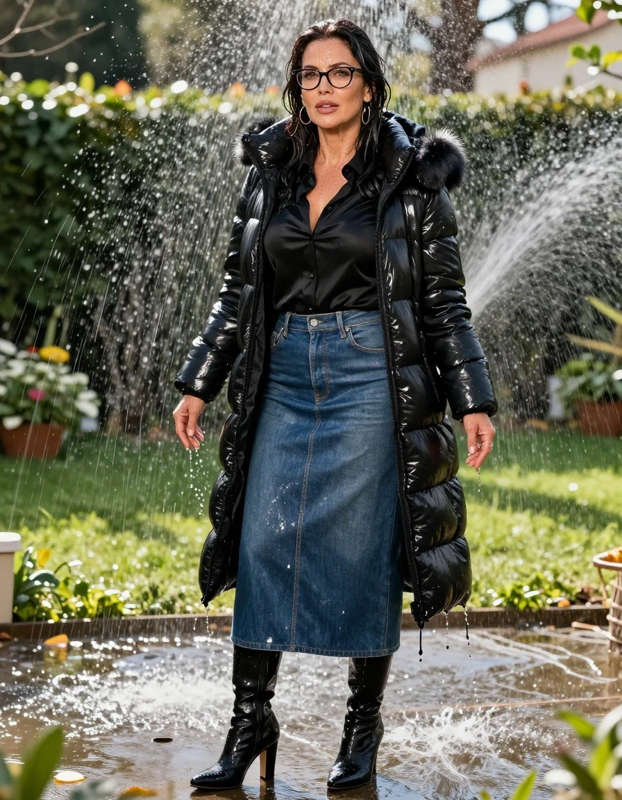 photo of young woman, in soaking wet, drenched clothes,
black heeled boots, long blue leather denim skirt, black satin shirt, maxi black Shiny puffer down jacket with fur, in sunny garden under sprinklers enjoying wet clothes stuck body, enjoying, wet clothes stuck to body, 
enjoying, wet clothes stuck to body,
detailed textures of the wet clothes, wet face, wet plastered hair,
wet, drenched, professional, high-quality details, full body view.
sharp focus, ultra-high pixel detail, realistic, high-quality, full colors, incredibly detailed, 4k, 8k, 16k, hyper-realistic, RAW photo, masterpiece, ultra-detailed, professionally color graded, professional photograph, europen brunette skinny woman 50 years old, long dark black hair, office glasses, very big and thick lips, complete body, wet skin, wet clothes, damp fabric, wet skin, wet clothes, damp fabric, wet skin, wet clothes, damp fabric, wet skin, wet clothes, damp fabric, wet skin, wet clothes, damp fabric, wet skin, wet clothes, damp fabric, wet skin, wet clothes, damp fabric
