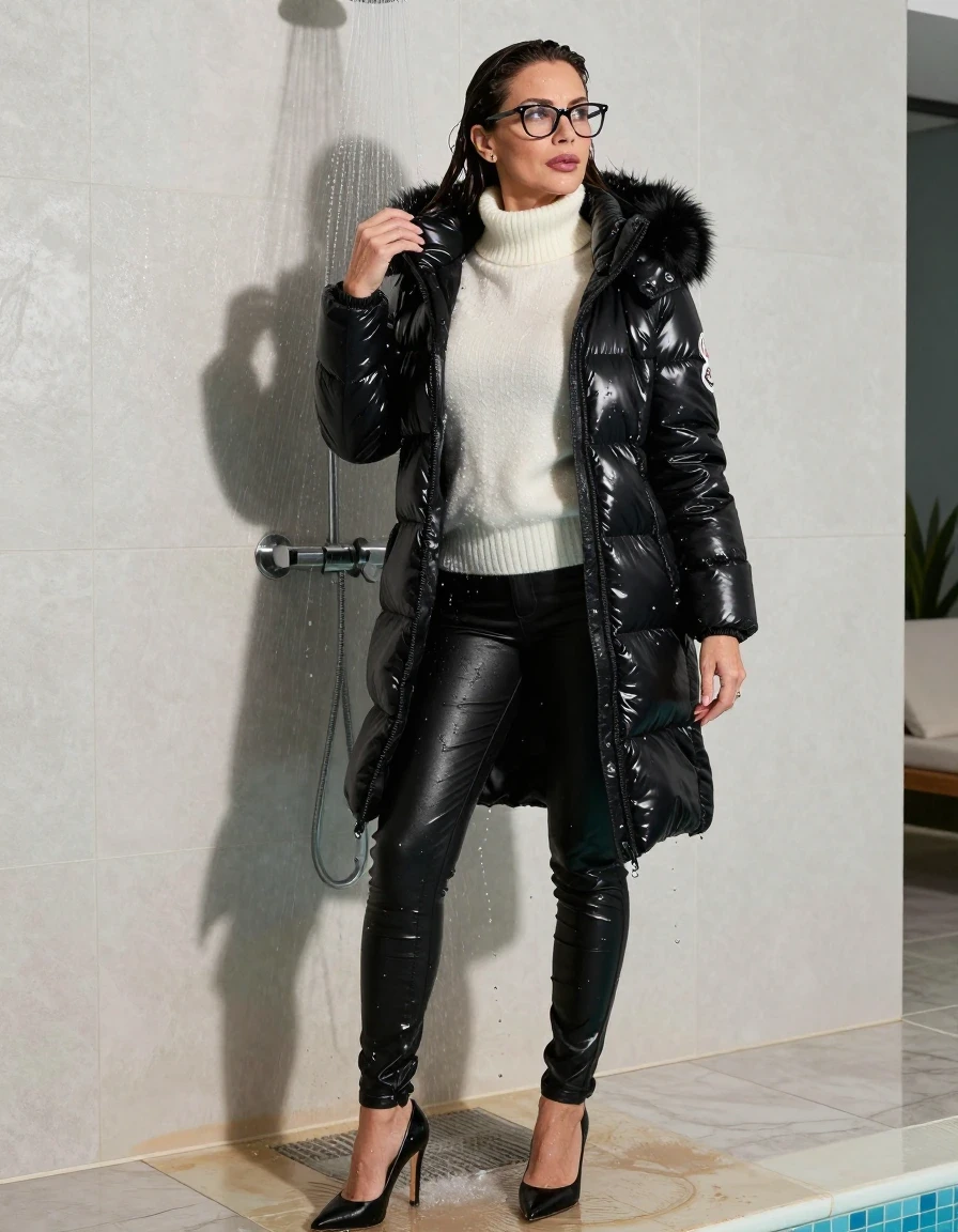 photo of young woman, in soaking wet, drenched clothes,
black heeled shoes, long black leather jeans, white sweater with neck, maxi black Moncler Shiny puffer down jacket with fur, taking shower after bath in indoor pool, enjoying wet clothes stuck body, enjoying, wet clothes stuck to body, 
enjoying, wet clothes stuck to body,
detailed textures of the wet clothes, wet face, wet plastered hair,
wet, drenched, professional, high-quality details, full body view.
sharp focus, ultra-high pixel detail, realistic, high-quality, full colors, incredibly detailed, 4k, 8k, 16k, hyper-realistic, RAW photo, masterpiece, ultra-detailed, professionally color graded, professional photograph, europen brunette skinny woman 50 years old, long dark black hair, office glasses, very big and thick lips, complete body, wet skin, wet clothes, damp fabric, wet skin, wet clothes, damp fabric, wet skin, wet clothes, damp fabric, wet skin, wet clothes, damp fabric, wet skin, wet clothes, damp fabric, wet skin, wet clothes, damp fabric, wet skin, wet clothes, damp fabric