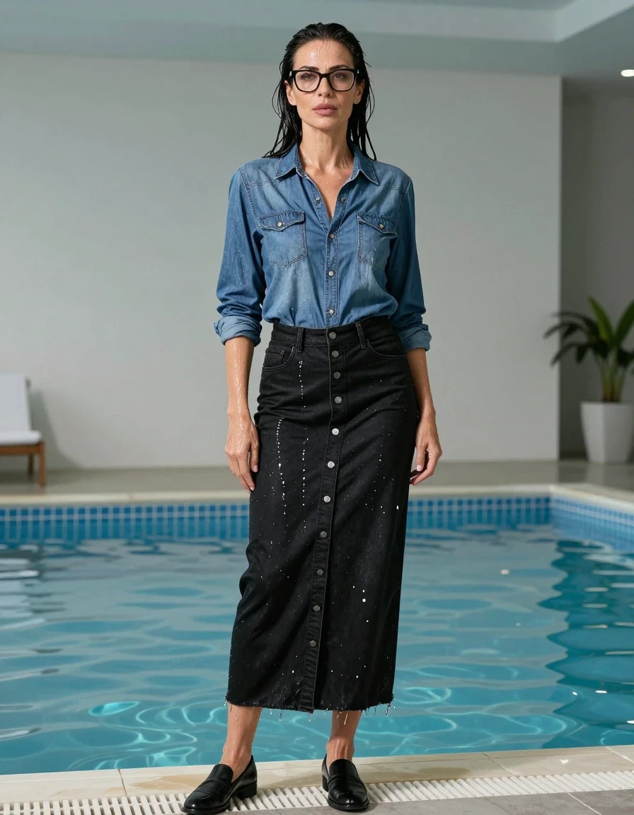 photo of young woman, in soaking wet, drenched clothes,
black shoes, maxi black DENIM SKIRT with buttons, maxi black dress with buttons, blue denim shirt with long sleeves, SHOWER AFTER BATH IN INDOOR POOL, enjoying wet clothes stuck body, enjoying, wet clothes stuck to body, 
enjoying, wet clothes stuck to body,
detailed textures of the wet clothes, wet face, wet plastered hair,
wet, drenched, professional, high-quality details, full body view.
sharp focus, ultra-high pixel detail, realistic, high-quality, full colors, incredibly detailed, 4k, 8k, 16k, hyper-realistic, RAW photo, masterpiece, ultra-detailed, professionally color graded, professional photograph, europen brunette skinny woman 50 years old, long dark black hair, office glasses, very big and thick lips, complete body, wet skin, wet clothes, damp fabric, wet skin, wet clothes, damp fabric, wet skin, wet clothes, damp fabric, wet skin, wet clothes, damp fabric, wet skin, wet clothes, damp fabric, wet skin, wet clothes, damp fabric, wet skin, wet clothes, damp fabric