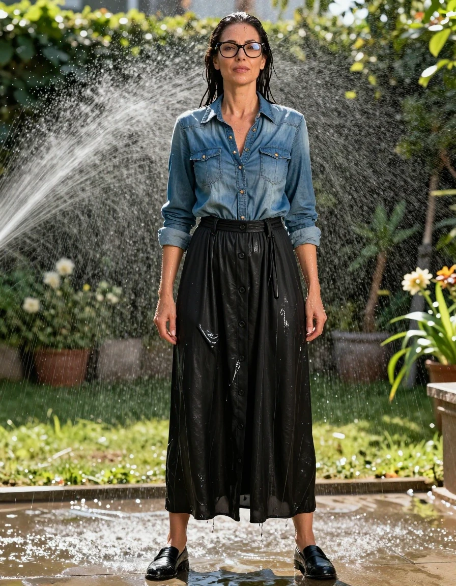 photo of young woman, in soaking wet, drenched clothes,
black shoes, maxi black dress with buttons, maxi black dress with buttons, blue denim shirt with long sleeves, in sunny garden under sprinklers enjoying wet clothes stuck body, enjoying, wet clothes stuck to body, 
enjoying, wet clothes stuck to body,
detailed textures of the wet clothes, wet face, wet plastered hair,
wet, drenched, professional, high-quality details, full body view.
sharp focus, ultra-high pixel detail, realistic, high-quality, full colors, incredibly detailed, 4k, 8k, 16k, hyper-realistic, RAW photo, masterpiece, ultra-detailed, professionally color graded, professional photograph, europen brunette skinny woman 50 years old, long dark black hair, office glasses, very big and thick lips, complete body, wet skin, wet clothes, damp fabric, wet skin, wet clothes, damp fabric, wet skin, wet clothes, damp fabric, wet skin, wet clothes, damp fabric, wet skin, wet clothes, damp fabric, wet skin, wet clothes, damp fabric, wet skin, wet clothes, damp fabric