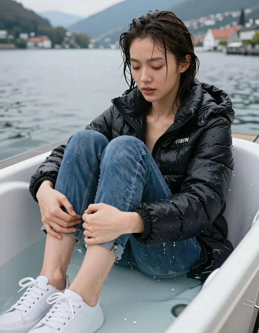 photo of young woman, in soaking wet, drenched clothes,
white shoes, Jeans, black puffy jacket for spring time mark Como 1 bergen, tub, 
enjoying, wet clothes stuck to body,
detailed textures of the wet clothes, wet face, wet plastered hair,
wet, drenched, professional, high-quality details, full body view.
sharp focus, ultra-high pixel detail, realistic, high-quality, full colors, incredibly detailed, 4k, 8k, 16k, hyper-realistic, RAW photo, masterpiece, ultra-detailed, professionally color graded, professional photograph, German girl getting slowly wet in the tub full of water, wet skin, wet clothes, damp fabric