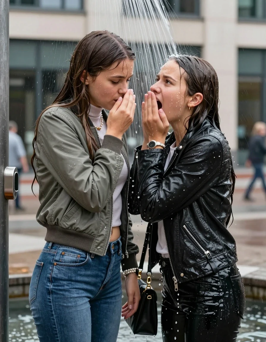 photo of young woman, in soaking wet, drenched clothes,
, Skinny jeans, Bomber jacket , Long sleeve turtleneck sweater belly free, shoulderbag, pearl necklace, bracelet, wristwatch, Under the shower Standings in fountain in front of a office on the street, strong jet of water, 
enjoying, wet clothes stuck to body,
detailed textures of the wet clothes, wet face, wet plastered hair,
wet, drenched, professional, high-quality details, full body view.
sharp focus, ultra-high pixel detail, realistic, high-quality, full colors, incredibly detailed, 4k, 8k, 16k, hyper-realistic, RAW photo, masterpiece, ultra-detailed, professionally color graded, professional photograph, Long Sleek straight hair

Two 13-years-old  teenage girl and her female  friends

One looks down, one looks up. Open mouth. Covers her nose with a hand. hugs her friend. Water running down her face and neck.

The girls wear different clothes and jackets. One wear a Bomber jacket, one wear a leatherjacket.

she is completely underwater up to her neck, afraid and astonished expression. 

her clothing is soaking wet and clinging tightly to her skin, showing heavy wet folds, darkened fabric texture, and deep water-saturated Patches, her clothes are heavy from the water, water runs from her body and her clothes in streams. A lot of water also runs out of her clothes. Her clothes are darkened by the water. Her submerged clothes are good visible under the water.  she soaked her handbag into the water.

close up view, wet skin, wet clothes, wet hair, damp fabric, water runs down the clothes, wet skin, wet clothes, damp fabric. cinematic medium shot, hyper-realistic wetness, high-contrast water sheen, sharp focus, 16k resolution, professional photography, realistic water physics., wet skin, wet clothes, damp fabric, wet skin, wet clothes, damp fabric, wet skin, wet clothes, damp fabric, wet skin, wet clothes, damp fabric, wet skin, wet clothes, damp fabric, wet skin, wet clothes, damp fabric, wet skin, wet clothes, damp fabric, wet skin, wet clothes, damp fabric, wet skin, wet clothes, damp fabric, wet skin, wet clothes, damp fabric, wet skin, wet clothes, damp fabric, wet skin, wet clothes, damp fabric