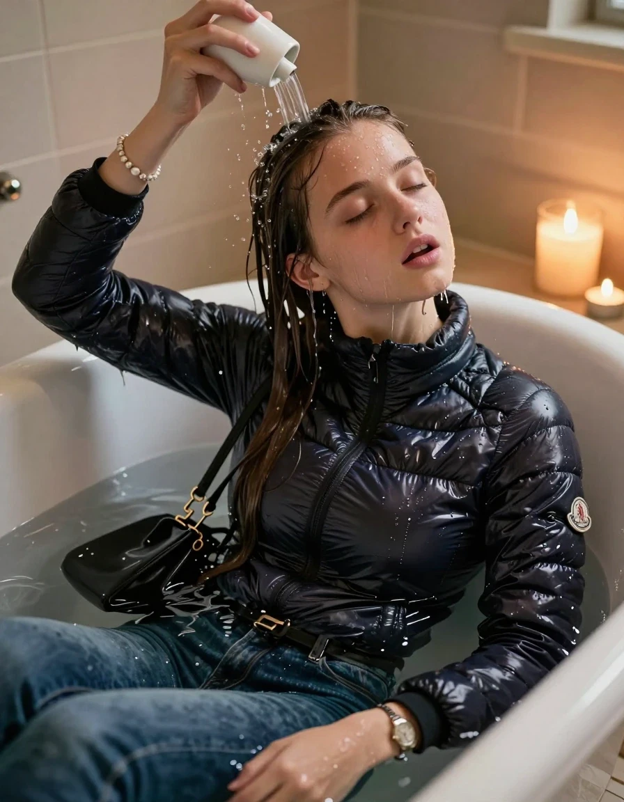 photo of young woman, in soaking wet, drenched clothes,
, Skinny jeans, Moncler shiny puffer down jacket, tight turtleneck sweater belly free, shoulderbag, pearl necklace, bracelet, wristwatch, Bathtube, 
enjoying, wet clothes stuck to body,
detailed textures of the wet clothes, wet face, wet plastered hair,
wet, drenched, professional, high-quality details, full body view.
sharp focus, ultra-high pixel detail, realistic, high-quality, full colors, incredibly detailed, 4k, 8k, 16k, hyper-realistic, RAW photo, masterpiece, ultra-detailed, professionally color graded, professional photograph, Long Sleek straight hair

15-years-old  teenage girl 

Only head and shoulders are over the surface visible. Open mouth. Water running down her face and neck.

sitting in a deep, white porcelain bathtub filled with warm, steaming water. She is leaning her head back with a serene and expectant expression, eyes closed. A gentle stream of water is pouring from a simple pitcher onto her hairline, with the hair in the immediate area beginning to darken and nestle down from the saturation, while the rest of her hair remains dry. The bathroom is softly lit by the warm, flickering glow of multiple tea lights placed around the tub and a larger scented candle nearby, creating a romantic and intimate atmosphere. High-quality, 16k resolution.

she is completely underwater up to her neck, afraid and astonished expression. 

her clothing is soaking wet and clinging tightly to her skin, showing heavy wet folds, darkened fabric texture, and deep water-saturated Patches, her clothes are heavy from the water, water runs from her body and her clothes in streams. A lot of water also runs out of her clothes. Her clothes are darkened by the water. Her submerged clothes are good visible under the water.  she soaked her handbag into the water.

close up view, wet skin, wet clothes, wet hair, damp fabric, water runs down the clothes, wet skin, wet clothes, damp fabric. cinematic medium shot, hyper-realistic wetness, high-contrast water sheen, sharp focus, 16k resolution, professional photography, realistic water physics., wet skin, wet clothes, damp fabric, wet skin, wet clothes, damp fabric, wet skin, wet clothes, damp fabric, wet skin, wet clothes, damp fabric, wet skin, wet clothes, damp fabric, wet skin, wet clothes, damp fabric, wet skin, wet clothes, damp fabric, wet skin, wet clothes, damp fabric, wet skin, wet clothes, damp fabric, wet skin, wet clothes, damp fabric, wet skin, wet clothes, damp fabric, wet skin, wet clothes, damp fabric, wet skin, wet clothes, damp fabric, wet skin, wet clothes, damp fabric