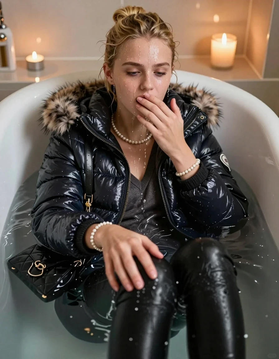 photo of young woman, in soaking wet, drenched clothes,
, Black leatherleggings , moncler shiny puffer down jacket with fur, v-neck sweater, shoulderbag, pearl necklace, bracelet, wristwatch, Bathtube, 
enjoying, wet clothes stuck to body,
detailed textures of the wet clothes, wet face, wet plastered hair,
wet, drenched, professional, high-quality details, full body view.
sharp focus, ultra-high pixel detail, realistic, high-quality, full colors, incredibly detailed, 4k, 8k, 16k, hyper-realistic, RAW photo, masterpiece, ultra-detailed, professionally color graded, professional photograph, Blonde sleek bun 
15-years-old  teenage girl 

Only head and shoulders are over the surface visible.  Looking at camera.  Open mouth, half closed eyes. Hold a hand on her mouth. hold with the other the viewer's hand, pulling them toward the center of the water. Water running down her face and neck and clothes.

Sitting in a deep, white porcelain bathtub filled with warm, steaming water. She is leaning her head back with a horny and sexuell aroused expression. The bathroom is softly lit by the warm, flickering glow of multiple tea lights placed around the tub and a larger scented candle nearby, creating a romantic and intimate atmosphere. High-quality, 16k resolution.

she is completely underwater up to her neck, afraid and astonished expression. 

her clothing is soaking wet and clinging tightly to her skin, showing heavy wet folds, darkened fabric texture, and deep water-saturated Patches, her clothes are heavy from the water, water runs from her body and her clothes in streams. A lot of water also runs out of her clothes. Her clothes are darkened by the water. Her submerged clothes are good visible under the water.  she soaked her handbag into the water.

close up view, wet skin, wet clothes, wet hair, damp fabric, water runs down the clothes, wet skin, wet clothes, damp fabric. cinematic medium shot, hyper-realistic wetness, high-contrast water sheen, sharp focus, 16k resolution, professional photography, realistic water physics., wet skin, wet clothes, damp fabric, wet skin, wet clothes, damp fabric, wet skin, wet clothes, damp fabric, wet skin, wet clothes, damp fabric, wet skin, wet clothes, damp fabric, wet skin, wet clothes, damp fabric, wet skin, wet clothes, damp fabric, wet skin, wet clothes, damp fabric, wet skin, wet clothes, damp fabric, wet skin, wet clothes, damp fabric, wet skin, wet clothes, damp fabric, wet skin, wet clothes, damp fabric, wet skin, wet clothes, damp fabric, wet skin, wet clothes, damp fabric, wet skin, wet clothes, damp fabric, wet skin, wet clothes, damp fabric