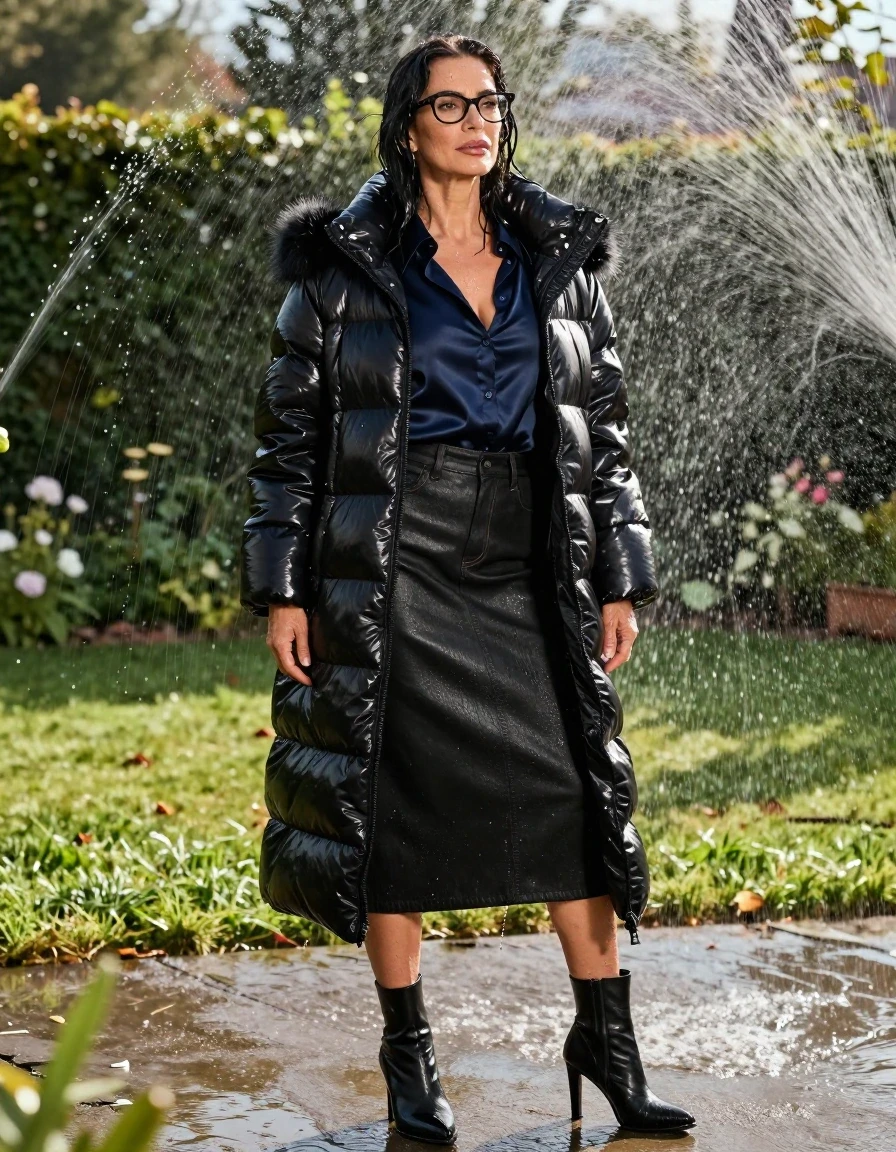 photo of young woman, in soaking wet, drenched clothes,
black heeled boots, long black leather denim skirt, dark blue satin shirt, maxi black Shiny puffer down jacket with fur, in sunny garden under sprinklers enjoying wet clothes stuck body, enjoying, wet clothes stuck to body, 
enjoying, wet clothes stuck to body,
detailed textures of the wet clothes, wet face, wet plastered hair,
wet, drenched, professional, high-quality details, full body view.
sharp focus, ultra-high pixel detail, realistic, high-quality, full colors, incredibly detailed, 4k, 8k, 16k, hyper-realistic, RAW photo, masterpiece, ultra-detailed, professionally color graded, professional photograph, europen brunette skinny woman 50 years old, long dark black hair, office glasses, very big and thick lips, complete body, wet skin, wet clothes, damp fabric, wet skin, wet clothes, damp fabric, wet skin, wet clothes, damp fabric, wet skin, wet clothes, damp fabric, wet skin, wet clothes, damp fabric, wet skin, wet clothes, damp fabric, wet skin, wet clothes, damp fabric