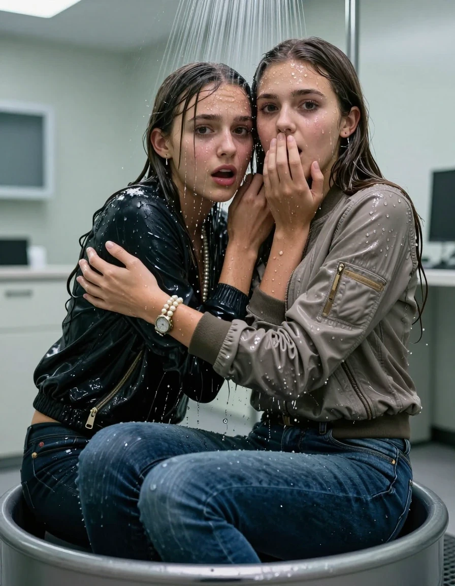 photo of young woman, in soaking wet, drenched clothes,
, Skinny jeans, Bomber jacket , Long sleeve turtleneck sweater belly free, shoulderbag, pearl necklace, bracelet, wristwatch, Under the shower sitting emerged in a tube, strong jet of water, at office, 
enjoying, wet clothes stuck to body,
detailed textures of the wet clothes, wet face, wet plastered hair,
wet, drenched, professional, high-quality details, full body view.
sharp focus, ultra-high pixel detail, realistic, high-quality, full colors, incredibly detailed, 4k, 8k, 16k, hyper-realistic, RAW photo, masterpiece, ultra-detailed, professionally color graded, professional photograph, Long Sleek straight hair

Two 15-years-old  teenage girl and her female  friends

Only head and shoulders are over the surface visible. Looking at camera. Open mouth. Covers her nose with a hand. hugs her friend. Water running down her face and neck.

The girls wear different clothes and jackets.

she is completely underwater up to her neck, afraid and astonished expression. 

her clothing is soaking wet and clinging tightly to her skin, showing heavy wet folds, darkened fabric texture, and deep water-saturated Patches, her clothes are heavy from the water, water runs from her body and her clothes in streams. A lot of water also runs out of her clothes. Her clothes are darkened by the water. Her submerged clothes are good visible under the water.  she soaked her handbag into the water.

close up view, wet skin, wet clothes, wet hair, damp fabric, water runs down the clothes, wet skin, wet clothes, damp fabric. cinematic medium shot, hyper-realistic wetness, high-contrast water sheen, sharp focus, 16k resolution, professional photography, realistic water physics., wet skin, wet clothes, damp fabric, wet skin, wet clothes, damp fabric, wet skin, wet clothes, damp fabric, wet skin, wet clothes, damp fabric, wet skin, wet clothes, damp fabric, wet skin, wet clothes, damp fabric, wet skin, wet clothes, damp fabric, wet skin, wet clothes, damp fabric, wet skin, wet clothes, damp fabric, wet skin, wet clothes, damp fabric, wet skin, wet clothes, damp fabric, wet skin, wet clothes, damp fabric