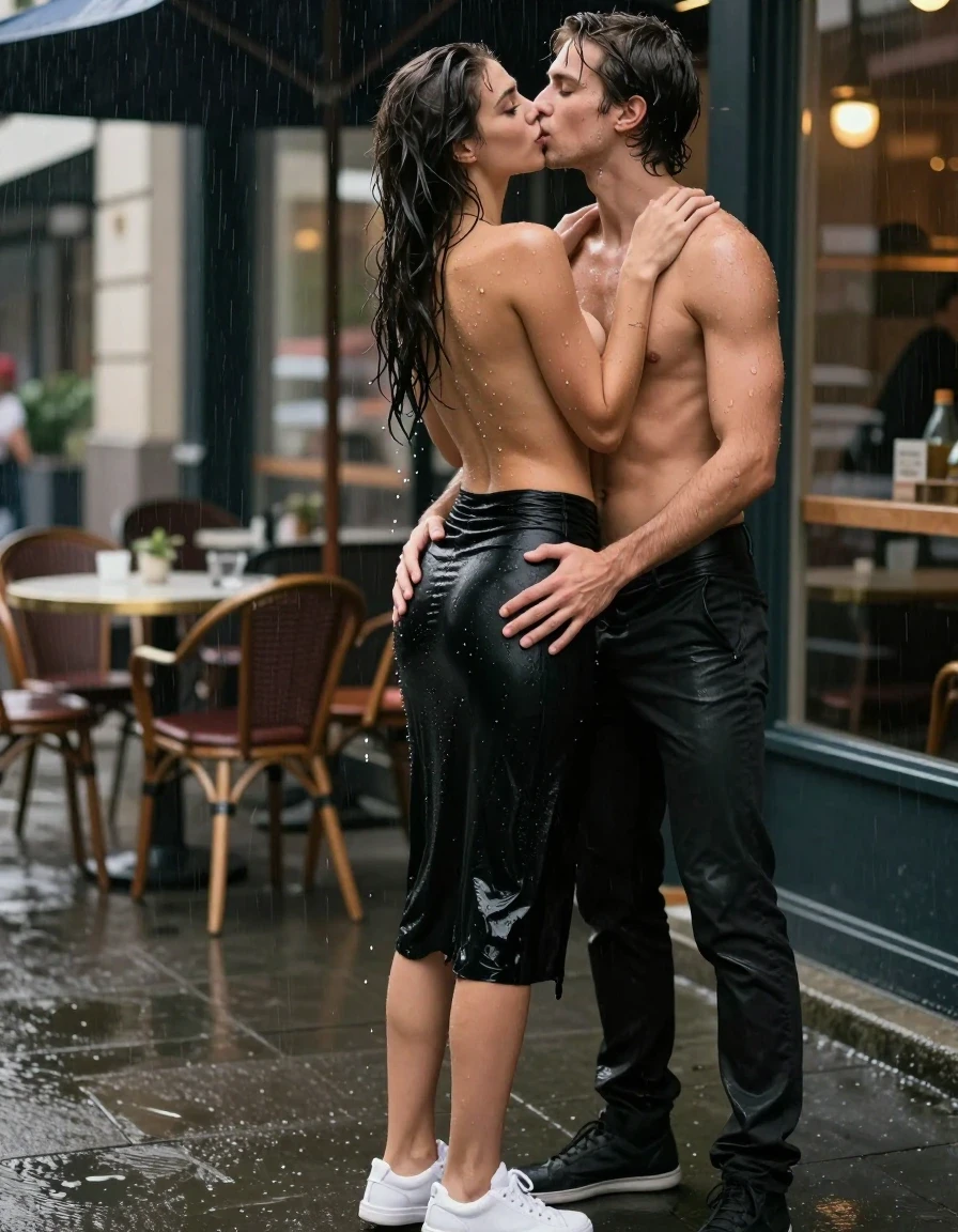 photo of young woman, in soaking wet, drenched clothes,
White sneakers, , Black midi skirt, soaked and clinging,, Topless, no bra, sheer and drenched, visible water droplets, no bra,, outdoor cafe frontage, urban sidewalk, rainy atmosphere, 
enjoying, wet clothes stuck to body,
detailed textures of the wet clothes, wet face, wet plastered hair,
wet, drenched, professional, high-quality details, full body view.
sharp focus, ultra-high pixel detail, realistic, high-quality, full colors, incredibly detailed, 4k, 8k, 16k, hyper-realistic, RAW photo, masterpiece, ultra-detailed, professionally color graded, professional photograph, Rear view of a woman in an office rush frantically, her hair is very wet and dropping, she looks very erotic, she wears no bra, water is droping out of her clothes, she wears a black midi skirt, the young woman is standing in the rain, a shirtless young man is standing in front of the young woman, they hug each other, he lays both hands on her skirt on her butt, she kisses him with very passionately on his mouth, she likes it very much, her eyes are open, photorealistic lifestyle photography, rich natural color, balanced bright exposure, moderate contrast, softly lifted shadows, high-fashion editorial style, cinematic medium shot with shallow depth of field., wet skin, wet clothes, damp fabric