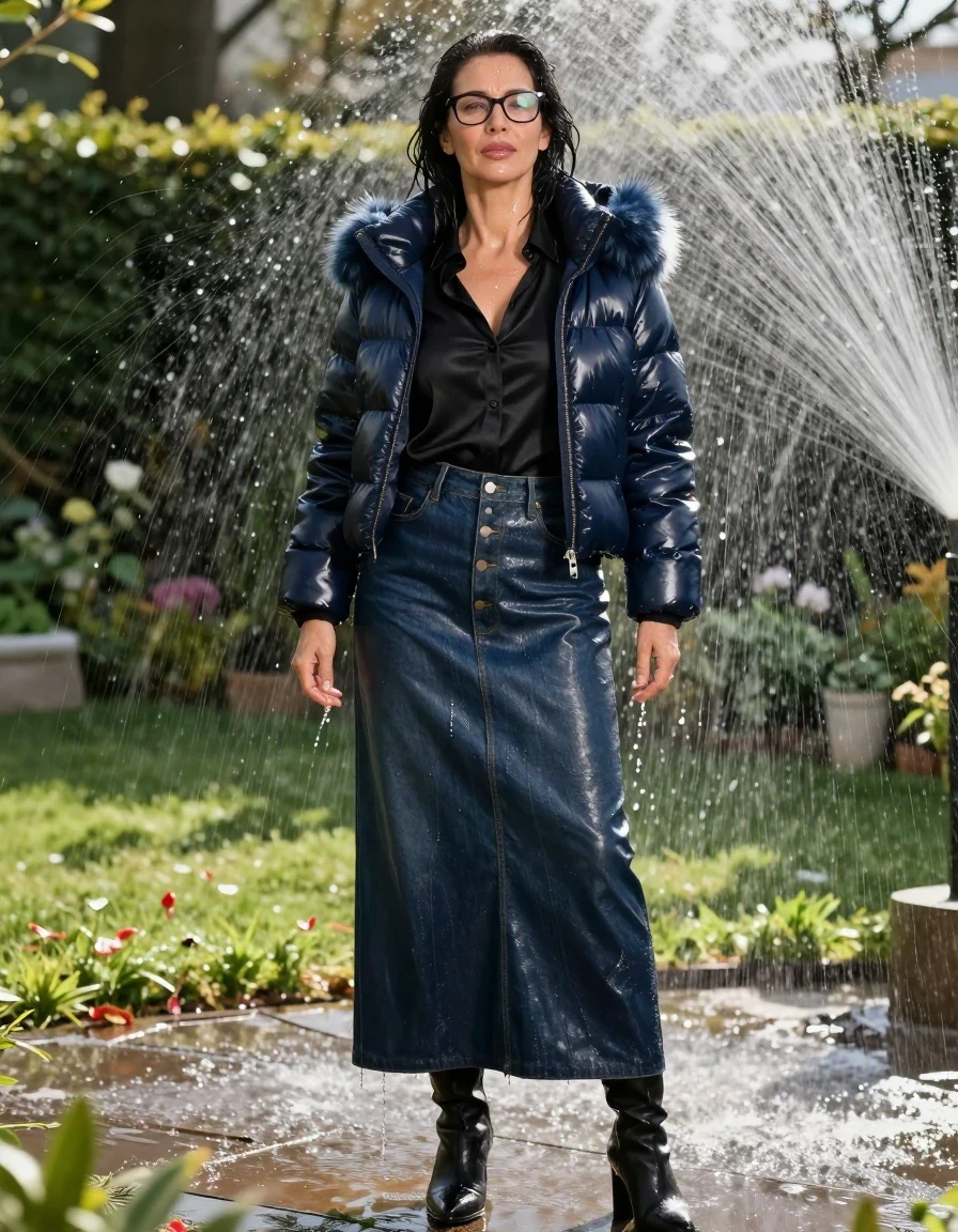 photo of young woman, in soaking wet, drenched clothes,
black heeled boots, maxi dark blue leather denim skirt with buttons, black satin shirt, maxi dark blue Shiny puffer down jacket with fur, in sunny garden under sprinklers enjoying wet clothes stuck body, enjoying, wet clothes stuck to body, 
enjoying, wet clothes stuck to body,
detailed textures of the wet clothes, wet face, wet plastered hair,
wet, drenched, professional, high-quality details, full body view.
sharp focus, ultra-high pixel detail, realistic, high-quality, full colors, incredibly detailed, 4k, 8k, 16k, hyper-realistic, RAW photo, masterpiece, ultra-detailed, professionally color graded, professional photograph, europen brunette skinny woman 50 years old, long dark black hair, office glasses, very big and thick lips, complete body, wet skin, wet clothes, damp fabric, wet skin, wet clothes, damp fabric, wet skin, wet clothes, damp fabric, wet skin, wet clothes, damp fabric, wet skin, wet clothes, damp fabric, wet skin, wet clothes, damp fabric, wet skin, wet clothes, damp fabric