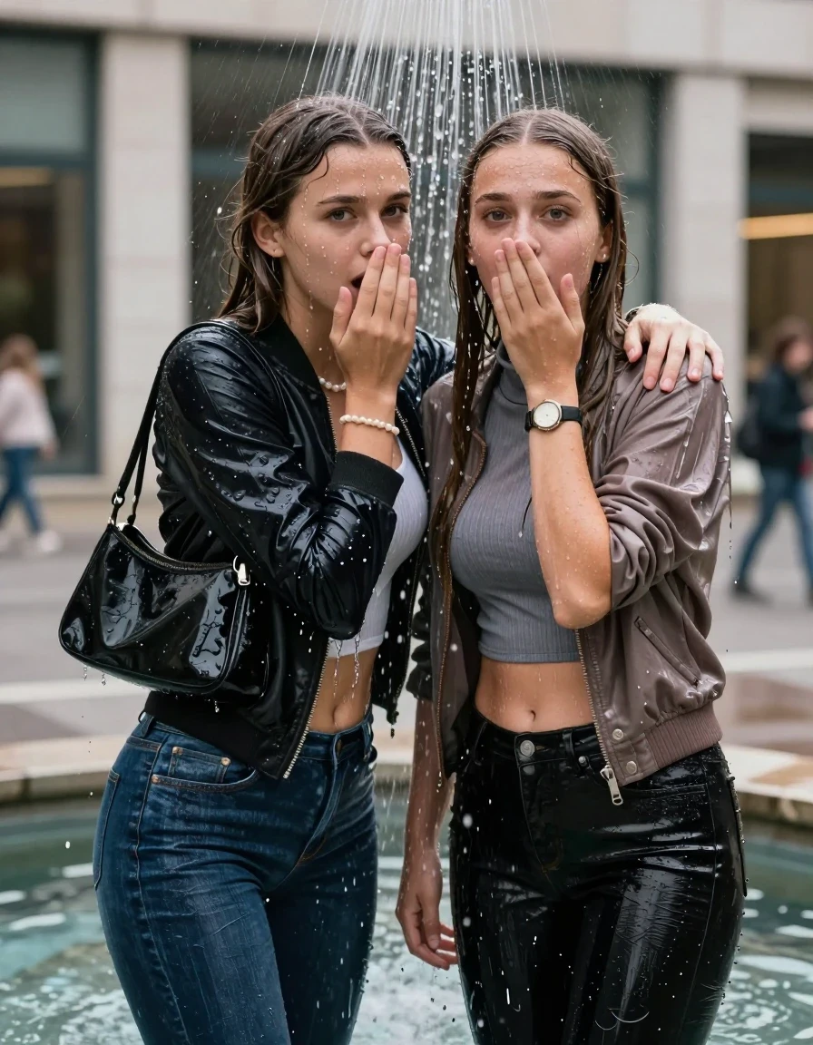 photo of young woman, in soaking wet, drenched clothes,
, Skinny jeans, Bomber jacket , Long sleeve turtleneck sweater belly free, shoulderbag, pearl necklace, bracelet, wristwatch, Under the shower Standing in fountain in front of a office on the street, strong jet of water, 
enjoying, wet clothes stuck to body,
detailed textures of the wet clothes, wet face, wet plastered hair,
wet, drenched, professional, high-quality details, full body view.
sharp focus, ultra-high pixel detail, realistic, high-quality, full colors, incredibly detailed, 4k, 8k, 16k, hyper-realistic, RAW photo, masterpiece, ultra-detailed, professionally color graded, professional photograph, Long Sleek straight hair

Two 15-years-old  teenage girl and her female  friends

Only head and shoulders are over the surface visible. Looking at camera. Open mouth. Covers her nose with a hand. hugs her friend. Water running down her face and neck.

The girls wear different clothes and jackets.

she is completely underwater up to her neck, afraid and astonished expression. 

her clothing is soaking wet and clinging tightly to her skin, showing heavy wet folds, darkened fabric texture, and deep water-saturated Patches, her clothes are heavy from the water, water runs from her body and her clothes in streams. A lot of water also runs out of her clothes. Her clothes are darkened by the water. Her submerged clothes are good visible under the water.  she soaked her handbag into the water.

close up view, wet skin, wet clothes, wet hair, damp fabric, water runs down the clothes, wet skin, wet clothes, damp fabric. cinematic medium shot, hyper-realistic wetness, high-contrast water sheen, sharp focus, 16k resolution, professional photography, realistic water physics., wet skin, wet clothes, damp fabric, wet skin, wet clothes, damp fabric, wet skin, wet clothes, damp fabric, wet skin, wet clothes, damp fabric, wet skin, wet clothes, damp fabric, wet skin, wet clothes, damp fabric, wet skin, wet clothes, damp fabric, wet skin, wet clothes, damp fabric, wet skin, wet clothes, damp fabric, wet skin, wet clothes, damp fabric, wet skin, wet clothes, damp fabric, wet skin, wet clothes, damp fabric, wet skin, wet clothes, damp fabric
