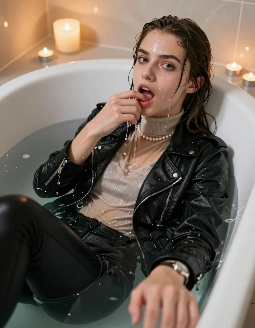photo of young woman, in soaking wet, drenched clothes,
, Black leatherleggings , Black Leatherjacket, light beige tight turtleneck sweater, shoulderbag, pearl necklace, bracelet, wristwatch, Bathtube, 
enjoying, wet clothes stuck to body,
detailed textures of the wet clothes, wet face, wet plastered hair,
wet, drenched, professional, high-quality details, full body view.
sharp focus, ultra-high pixel detail, realistic, high-quality, full colors, incredibly detailed, 4k, 8k, 16k, hyper-realistic, RAW photo, masterpiece, ultra-detailed, professionally color graded, professional photograph, Sleek long straight hair
15-years-old  teenage girl 

Only head and shoulders are over the surface visible.  Looking at camera.  Open mouth, big eyes. 0ne hand with a finger at her tongue  inside her mouth, hold with the other the viewer's hand, pulling them toward the center of the water. Water running down her face and neck and clothes.

sitting in a deep, white porcelain bathtub filled with warm, steaming water. She is leaning her head back with a horny and sexuell aroused expression. The bathroom is softly lit by the warm, flickering glow of multiple tea lights placed around the tub and a larger scented candle nearby, creating a romantic and intimate atmosphere. High-quality, 16k resolution.

she is completely underwater up to her neck, afraid and astonished expression. 

her clothing is soaking wet and clinging tightly to her skin, showing heavy wet folds, darkened fabric texture, and deep water-saturated Patches, her clothes are heavy from the water, water runs from her body and her clothes in streams. A lot of water also runs out of her clothes. Her clothes are darkened by the water. Her submerged clothes are good visible under the water.  she soaked her handbag into the water.

close up view, wet skin, wet clothes, wet hair, damp fabric, water runs down the clothes, wet skin, wet clothes, damp fabric. cinematic medium shot, hyper-realistic wetness, high-contrast water sheen, sharp focus, 16k resolution, professional photography, realistic water physics., wet skin, wet clothes, damp fabric, wet skin, wet clothes, damp fabric, wet skin, wet clothes, damp fabric, wet skin, wet clothes, damp fabric, wet skin, wet clothes, damp fabric, wet skin, wet clothes, damp fabric, wet skin, wet clothes, damp fabric, wet skin, wet clothes, damp fabric, wet skin, wet clothes, damp fabric, wet skin, wet clothes, damp fabric, wet skin, wet clothes, damp fabric, wet skin, wet clothes, damp fabric, wet skin, wet clothes, damp fabric, wet skin, wet clothes, damp fabric