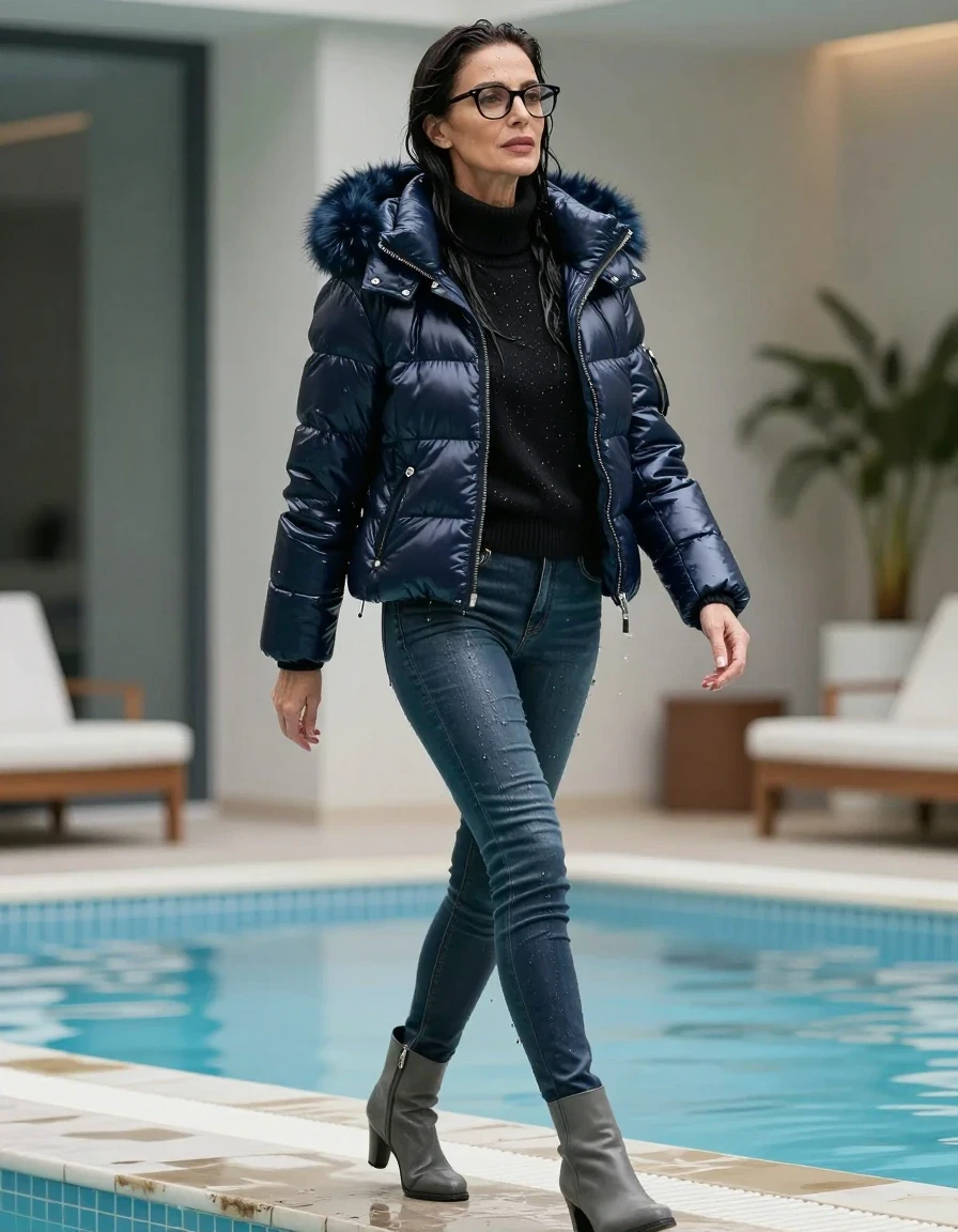 photo of young woman, in soaking wet, drenched clothes,
gray heeled boots, long back leather jeans, black sweater with neck, maxi dark blue Moncler Shiny puffer down jacket with fur, walking and taking shower after bath in indoor pool, enjoying wet clothes stuck body, enjoying, wet clothes stuck to body, 
enjoying, wet clothes stuck to body,
detailed textures of the wet clothes, wet face, wet plastered hair,
wet, drenched, professional, high-quality details, full body view.
sharp focus, ultra-high pixel detail, realistic, high-quality, full colors, incredibly detailed, 4k, 8k, 16k, hyper-realistic, RAW photo, masterpiece, ultra-detailed, professionally color graded, professional photograph, europen brunette skinny woman 50 years old, long dark black hair, office glasses, very big and thick lips, complete body, wet skin, wet clothes, damp fabric, wet skin, wet clothes, damp fabric, wet skin, wet clothes, damp fabric, wet skin, wet clothes, damp fabric, wet skin, wet clothes, damp fabric, wet skin, wet clothes, damp fabric, wet skin, wet clothes, damp fabric