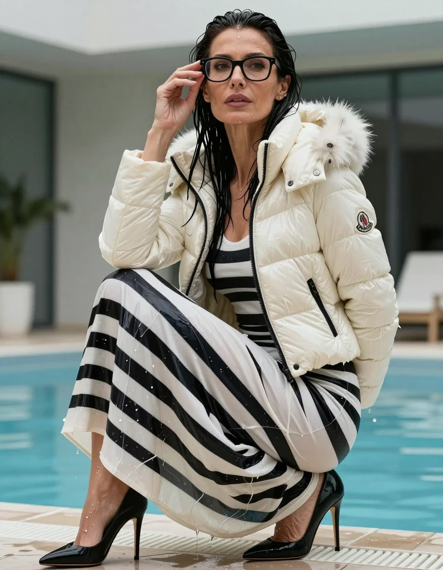 photo of young woman, in soaking wet, drenched clothes,
black high-heels shoes, maxi white & black striped dress, maxi white & black striped dress, Moncler Shiny puffer down jacket with fur, after bath in indoor pool, enjoying wet clothes stuck body, enjoying, wet clothes stuck to body, 
enjoying, wet clothes stuck to body,
detailed textures of the wet clothes, wet face, wet plastered hair,
wet, drenched, professional, high-quality details, full body view.
sharp focus, ultra-high pixel detail, realistic, high-quality, full colors, incredibly detailed, 4k, 8k, 16k, hyper-realistic, RAW photo, masterpiece, ultra-detailed, professionally color graded, professional photograph, europen brunette skinny woman 50 years old, long dark black hair, office glasses, very big and thick lips, complete body, wet skin, wet clothes, damp fabric, wet skin, wet clothes, damp fabric, wet skin, wet clothes, damp fabric, wet skin, wet clothes, damp fabric, wet skin, wet clothes, damp fabric, wet skin, wet clothes, damp fabric, wet skin, wet clothes, damp fabric