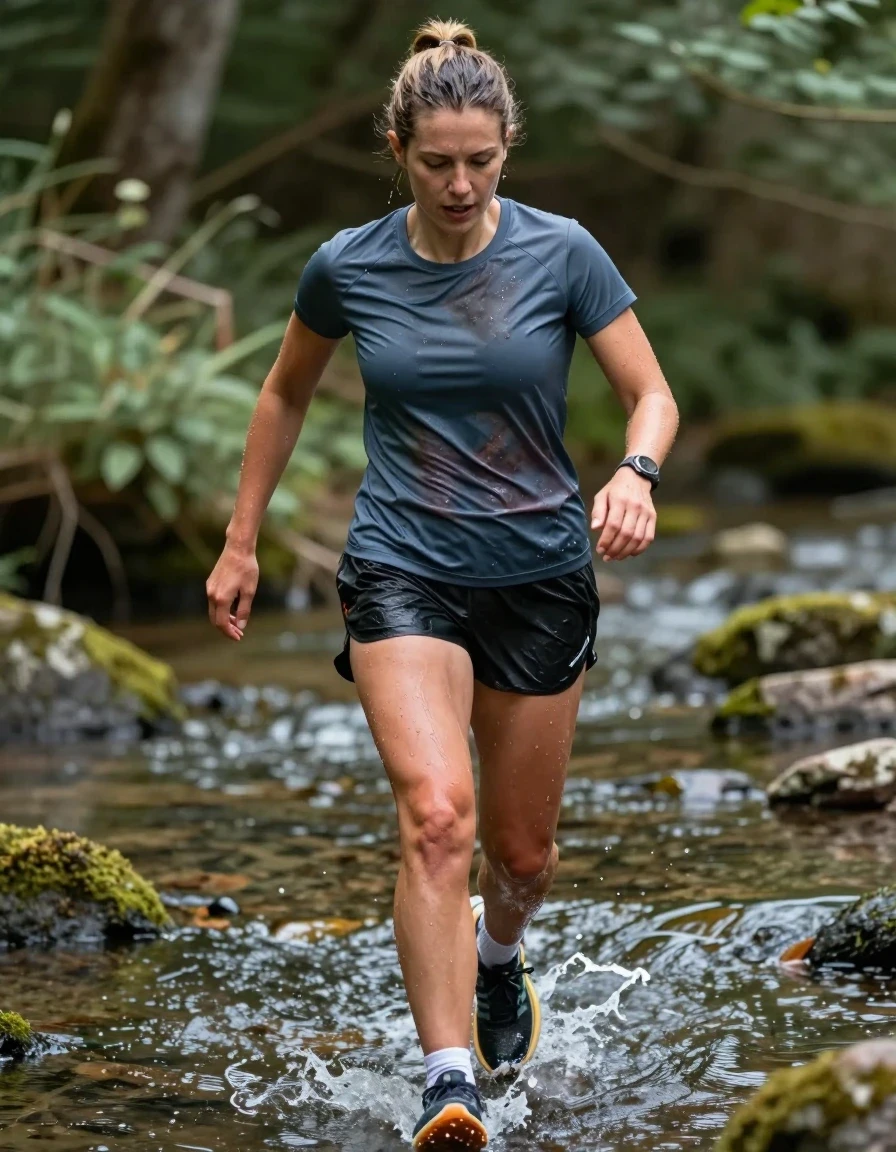 photo of young woman, in soaking wet, drenched clothes,
hoka sneakers white socks, running shorts, running t shirt, running through stream, 
enjoying, wet clothes stuck to body,
detailed textures of the wet clothes, wet face, wet plastered hair,
wet, drenched, professional, high-quality details, full body view.
sharp focus, ultra-high pixel detail, realistic, high-quality, full colors, incredibly detailed, 4k, 8k, 16k, hyper-realistic, RAW photo, masterpiece, ultra-detailed, professionally color graded, professional photograph, wet skin, wet clothes, damp fabric