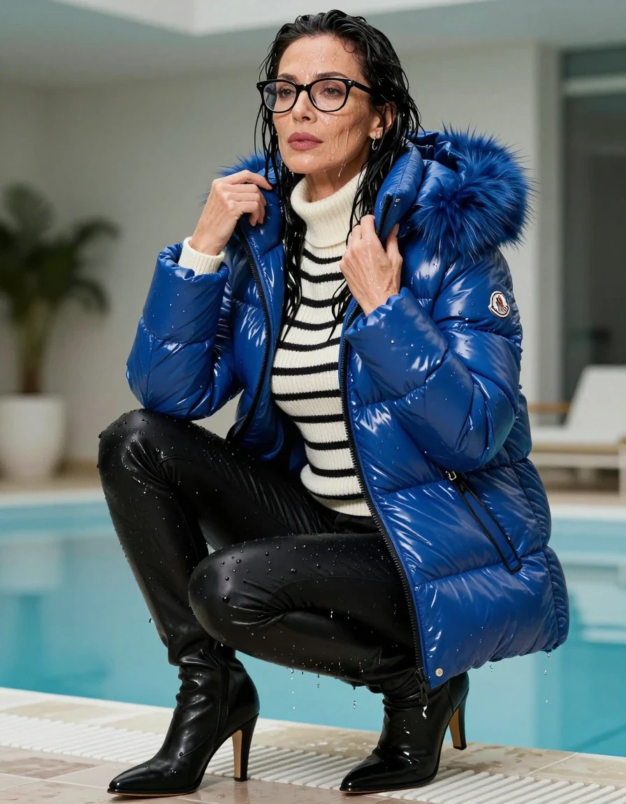 photo of young woman, in soaking wet, drenched clothes,
black heeled boots, long black leather jeans, white & black striped sweater with neck, maxi blue Moncler Shiny puffer down jacket with fur, after bath in indoor pool, enjoying wet clothes stuck body, enjoying, wet clothes stuck to body, 
enjoying, wet clothes stuck to body,
detailed textures of the wet clothes, wet face, wet plastered hair,
wet, drenched, professional, high-quality details, full body view.
sharp focus, ultra-high pixel detail, realistic, high-quality, full colors, incredibly detailed, 4k, 8k, 16k, hyper-realistic, RAW photo, masterpiece, ultra-detailed, professionally color graded, professional photograph, europen brunette skinny woman 50 years old, long dark black hair, office glasses, very big and thick lips, complete body, wet skin, wet clothes, damp fabric, wet skin, wet clothes, damp fabric, wet skin, wet clothes, damp fabric, wet skin, wet clothes, damp fabric, wet skin, wet clothes, damp fabric, wet skin, wet clothes, damp fabric, wet skin, wet clothes, damp fabric