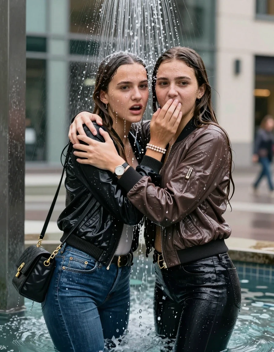 photo of young woman, in soaking wet, drenched clothes,
, Skinny jeans, Bomber jacket , Long sleeve turtleneck sweater belly free, shoulderbag, pearl necklace, bracelet, wristwatch, Under the shower Standing in fountain in front of a office on the street, strong jet of water, 
enjoying, wet clothes stuck to body,
detailed textures of the wet clothes, wet face, wet plastered hair,
wet, drenched, professional, high-quality details, full body view.
sharp focus, ultra-high pixel detail, realistic, high-quality, full colors, incredibly detailed, 4k, 8k, 16k, hyper-realistic, RAW photo, masterpiece, ultra-detailed, professionally color graded, professional photograph, Long Sleek straight hair

Two 15-years-old  teenage girl and her female  friends

Only head and shoulders are over the surface visible. Looking at camera. Open mouth. Covers her nose with a hand. hugs her friend. Water running down her face and neck.

The girls wear different clothes and jackets.

she is completely underwater up to her neck, afraid and astonished expression. 

her clothing is soaking wet and clinging tightly to her skin, showing heavy wet folds, darkened fabric texture, and deep water-saturated Patches, her clothes are heavy from the water, water runs from her body and her clothes in streams. A lot of water also runs out of her clothes. Her clothes are darkened by the water. Her submerged clothes are good visible under the water.  she soaked her handbag into the water.

close up view, wet skin, wet clothes, wet hair, damp fabric, water runs down the clothes, wet skin, wet clothes, damp fabric. cinematic medium shot, hyper-realistic wetness, high-contrast water sheen, sharp focus, 16k resolution, professional photography, realistic water physics., wet skin, wet clothes, damp fabric, wet skin, wet clothes, damp fabric, wet skin, wet clothes, damp fabric, wet skin, wet clothes, damp fabric, wet skin, wet clothes, damp fabric, wet skin, wet clothes, damp fabric, wet skin, wet clothes, damp fabric, wet skin, wet clothes, damp fabric, wet skin, wet clothes, damp fabric, wet skin, wet clothes, damp fabric, wet skin, wet clothes, damp fabric, wet skin, wet clothes, damp fabric, wet skin, wet clothes, damp fabric