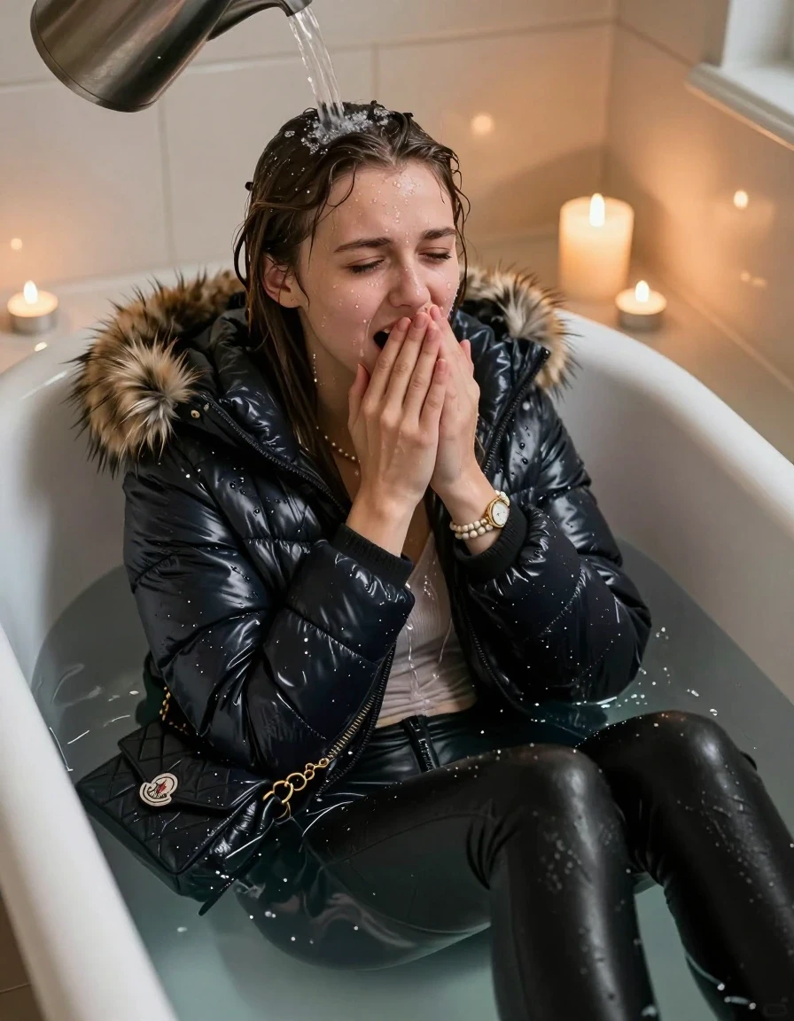 photo of young woman, in soaking wet, drenched clothes,
, Black leatherleggings , moncler shiny puffer down jacket with fur, v-neck sweater, shoulderbag, pearl necklace, bracelet, wristwatch, Bathtube, 
enjoying, wet clothes stuck to body,
detailed textures of the wet clothes, wet face, wet plastered hair,
wet, drenched, professional, high-quality details, full body view.
sharp focus, ultra-high pixel detail, realistic, high-quality, full colors, incredibly detailed, 4k, 8k, 16k, hyper-realistic, RAW photo, masterpiece, ultra-detailed, professionally color graded, professional photograph, sleek long straight hair
15-years-old  teenage girl 

Only head and shoulders are over the surface visible.  Looking at camera. half closed eyes. Hold her hands on her mouth. 

Sitting in a deep, white porcelain bathtub filled with warm, steaming water. She is leaning her head back with a horny and sexuell aroused expression. She has a great orgasm and moans heavy. A heavy stream of water is pouring from a pitcher onto her hairline, with the hair in the immediate area beginning to darken and nestle down from the saturation, while the rest of her hair remains dry. The bathroom is softly lit by the warm, flickering glow of multiple tea lights placed around the tub and a larger scented candle nearby, creating a romantic and intimate atmosphere. High-quality, 16k resolution.

she is completely underwater up to her neck, afraid and astonished expression. 

her clothing is soaking wet and clinging tightly to her skin, showing heavy wet folds, darkened fabric texture, and deep water-saturated Patches, her clothes are heavy from the water, water runs from her body and her clothes in streams. A lot of water also runs out of her clothes. Her clothes are darkened by the water. Her submerged clothes are good visible under the water.  she soaked her handbag into the water.

close up view, wet skin, wet clothes, wet hair, damp fabric, water runs down the clothes, wet skin, wet clothes, damp fabric. cinematic medium shot, hyper-realistic wetness, high-contrast water sheen, sharp focus, 16k resolution, professional photography, realistic water physics., wet skin, wet clothes, damp fabric, wet skin, wet clothes, damp fabric, wet skin, wet clothes, damp fabric, wet skin, wet clothes, damp fabric, wet skin, wet clothes, damp fabric, wet skin, wet clothes, damp fabric, wet skin, wet clothes, damp fabric, wet skin, wet clothes, damp fabric, wet skin, wet clothes, damp fabric, wet skin, wet clothes, damp fabric, wet skin, wet clothes, damp fabric, wet skin, wet clothes, damp fabric, wet skin, wet clothes, damp fabric, wet skin, wet clothes, damp fabric, wet skin, wet clothes, damp fabric