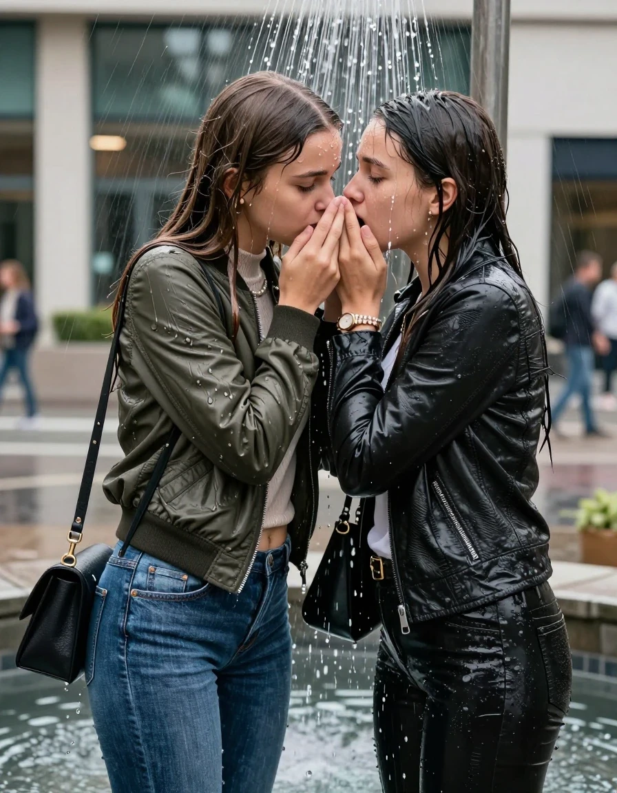 photo of young woman, in soaking wet, drenched clothes,
, Skinny jeans, Bomber jacket , Long sleeve turtleneck sweater belly free, shoulderbag, pearl necklace, bracelet, wristwatch, Under the shower Standings in fountain in front of a office on the street, strong jet of water, 
enjoying, wet clothes stuck to body,
detailed textures of the wet clothes, wet face, wet plastered hair,
wet, drenched, professional, high-quality details, full body view.
sharp focus, ultra-high pixel detail, realistic, high-quality, full colors, incredibly detailed, 4k, 8k, 16k, hyper-realistic, RAW photo, masterpiece, ultra-detailed, professionally color graded, professional photograph, Long Sleek straight hair

Two 15-years-old  teenage girl and her female  friends

Looking down. Open mouth. Covers her nose with a hand. hugs her friend. Kissing. Water running down her face and neck.

The girls wear different clothes and jackets. One wear a Bomber jacket, one wear a leatherjacket.

she is completely underwater up to her neck, afraid and astonished expression. 

her clothing is soaking wet and clinging tightly to her skin, showing heavy wet folds, darkened fabric texture, and deep water-saturated Patches, her clothes are heavy from the water, water runs from her body and her clothes in streams. A lot of water also runs out of her clothes. Her clothes are darkened by the water. Her submerged clothes are good visible under the water.  she soaked her handbag into the water.

close up view, wet skin, wet clothes, wet hair, damp fabric, water runs down the clothes, wet skin, wet clothes, damp fabric. cinematic medium shot, hyper-realistic wetness, high-contrast water sheen, sharp focus, 16k resolution, professional photography, realistic water physics., wet skin, wet clothes, damp fabric, wet skin, wet clothes, damp fabric, wet skin, wet clothes, damp fabric, wet skin, wet clothes, damp fabric, wet skin, wet clothes, damp fabric, wet skin, wet clothes, damp fabric, wet skin, wet clothes, damp fabric, wet skin, wet clothes, damp fabric, wet skin, wet clothes, damp fabric, wet skin, wet clothes, damp fabric, wet skin, wet clothes, damp fabric, wet skin, wet clothes, damp fabric