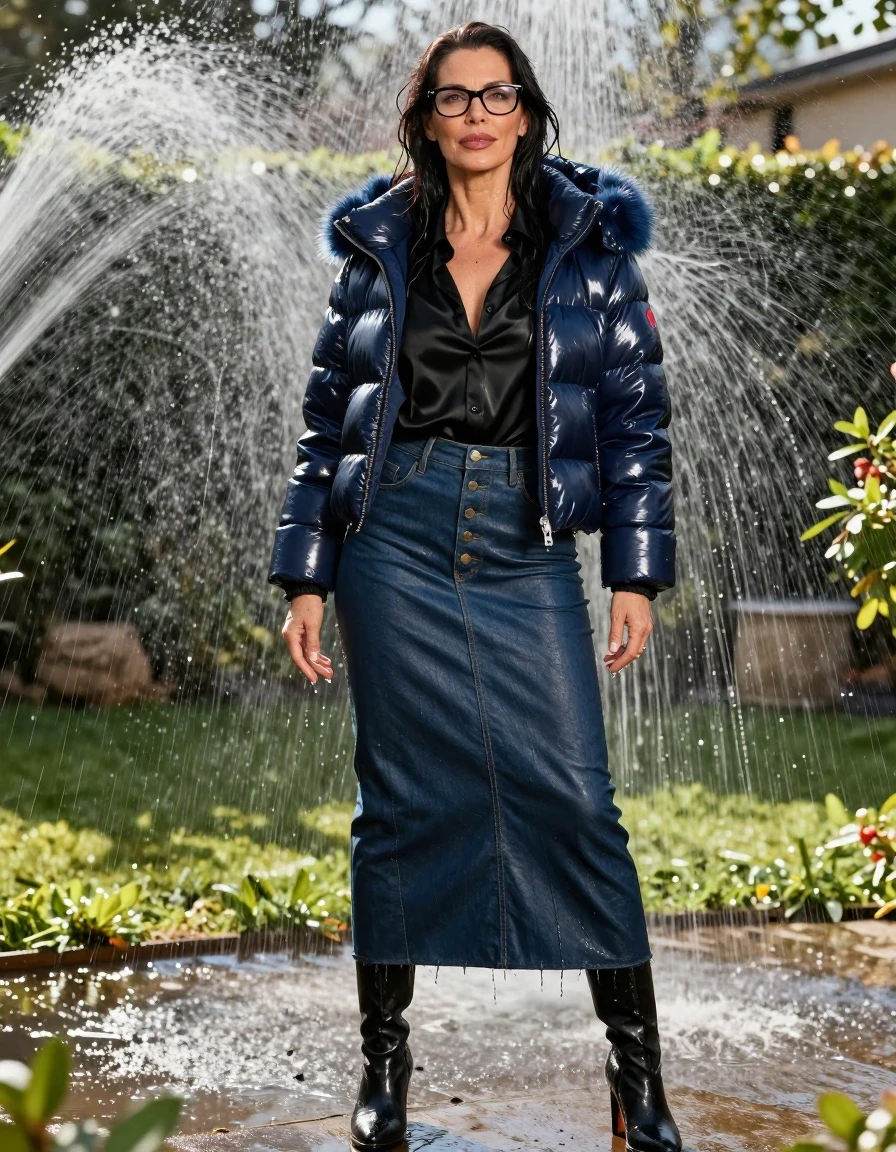 photo of young woman, in soaking wet, drenched clothes,
black heeled boots, maxi dark blue leather denim skirt with buttons, black satin shirt, maxi dark blue Shiny puffer down jacket with fur, in sunny garden under sprinklers enjoying wet clothes stuck body, enjoying, wet clothes stuck to body, 
enjoying, wet clothes stuck to body,
detailed textures of the wet clothes, wet face, wet plastered hair,
wet, drenched, professional, high-quality details, full body view.
sharp focus, ultra-high pixel detail, realistic, high-quality, full colors, incredibly detailed, 4k, 8k, 16k, hyper-realistic, RAW photo, masterpiece, ultra-detailed, professionally color graded, professional photograph, europen brunette skinny woman 50 years old, long dark black hair, office glasses, very big and thick lips, complete body, wet skin, wet clothes, damp fabric, wet skin, wet clothes, damp fabric, wet skin, wet clothes, damp fabric, wet skin, wet clothes, damp fabric, wet skin, wet clothes, damp fabric, wet skin, wet clothes, damp fabric, wet skin, wet clothes, damp fabric
