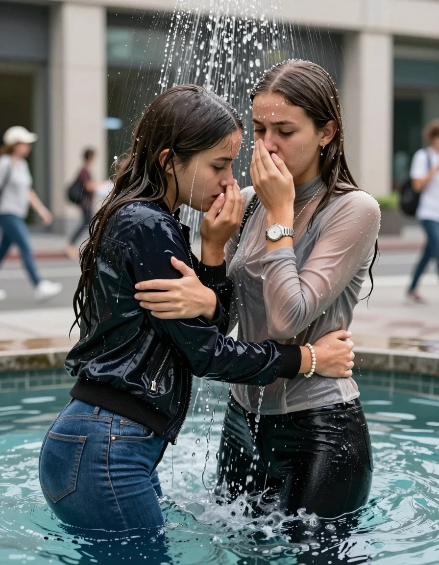 photo of young woman, in soaking wet, drenched clothes,
, Skinny jeans, Bomber jacket , Long sleeve turtleneck sweater belly free, shoulderbag, pearl necklace, bracelet, wristwatch, Under the shower Standings in fountain in front of a office on the street, strong jet of water, 
enjoying, wet clothes stuck to body,
detailed textures of the wet clothes, wet face, wet plastered hair,
wet, drenched, professional, high-quality details, full body view.
sharp focus, ultra-high pixel detail, realistic, high-quality, full colors, incredibly detailed, 4k, 8k, 16k, hyper-realistic, RAW photo, masterpiece, ultra-detailed, professionally color graded, professional photograph, Long Sleek straight hair

Two 15-years-old  teenage girl and her female  friends

Only head and shoulders are over the surface visible. Looking down. Open mouth. Covers her nose with a hand. hugs her friend. Water running down her face and neck.

The girls wear different clothes and jackets.

she is completely underwater up to her neck, afraid and astonished expression. 

her clothing is soaking wet and clinging tightly to her skin, showing heavy wet folds, darkened fabric texture, and deep water-saturated Patches, her clothes are heavy from the water, water runs from her body and her clothes in streams. A lot of water also runs out of her clothes. Her clothes are darkened by the water. Her submerged clothes are good visible under the water.  she soaked her handbag into the water.

close up view, wet skin, wet clothes, wet hair, damp fabric, water runs down the clothes, wet skin, wet clothes, damp fabric. cinematic medium shot, hyper-realistic wetness, high-contrast water sheen, sharp focus, 16k resolution, professional photography, realistic water physics., wet skin, wet clothes, damp fabric, wet skin, wet clothes, damp fabric, wet skin, wet clothes, damp fabric, wet skin, wet clothes, damp fabric, wet skin, wet clothes, damp fabric, wet skin, wet clothes, damp fabric, wet skin, wet clothes, damp fabric, wet skin, wet clothes, damp fabric, wet skin, wet clothes, damp fabric, wet skin, wet clothes, damp fabric, wet skin, wet clothes, damp fabric, wet skin, wet clothes, damp fabric