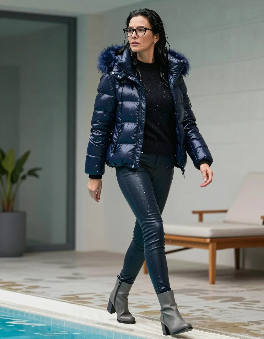 photo of young woman, in soaking wet, drenched clothes,
gray heeled boots, long back leather jeans, black sweater with neck, maxi dark blue Moncler Shiny puffer down jacket with fur, walking and taking shower after bath in indoor pool, enjoying wet clothes stuck body, enjoying, wet clothes stuck to body, 
enjoying, wet clothes stuck to body,
detailed textures of the wet clothes, wet face, wet plastered hair,
wet, drenched, professional, high-quality details, full body view.
sharp focus, ultra-high pixel detail, realistic, high-quality, full colors, incredibly detailed, 4k, 8k, 16k, hyper-realistic, RAW photo, masterpiece, ultra-detailed, professionally color graded, professional photograph, europen brunette skinny woman 50 years old, long dark black hair, office glasses, very big and thick lips, complete body, wet skin, wet clothes, damp fabric, wet skin, wet clothes, damp fabric, wet skin, wet clothes, damp fabric, wet skin, wet clothes, damp fabric, wet skin, wet clothes, damp fabric, wet skin, wet clothes, damp fabric, wet skin, wet clothes, damp fabric