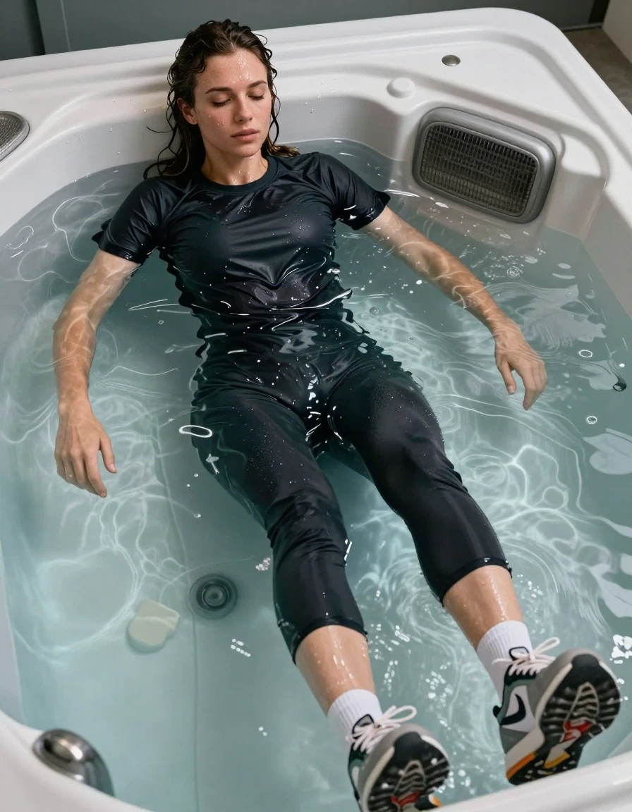 photo of young woman, in soaking wet, drenched clothes,
running sneakers,  white socks, running leggins, black t shirt, lying in the hottub, 
enjoying, wet clothes stuck to body,
detailed textures of the wet clothes, wet face, wet plastered hair,
wet, drenched, professional, high-quality details, full body view.
sharp focus, ultra-high pixel detail, realistic, high-quality, full colors, incredibly detailed, 4k, 8k, 16k, hyper-realistic, RAW photo, masterpiece, ultra-detailed, professionally color graded, professional photograph, lying on belly, legs out of water, wet skin, wet clothes, damp fabric