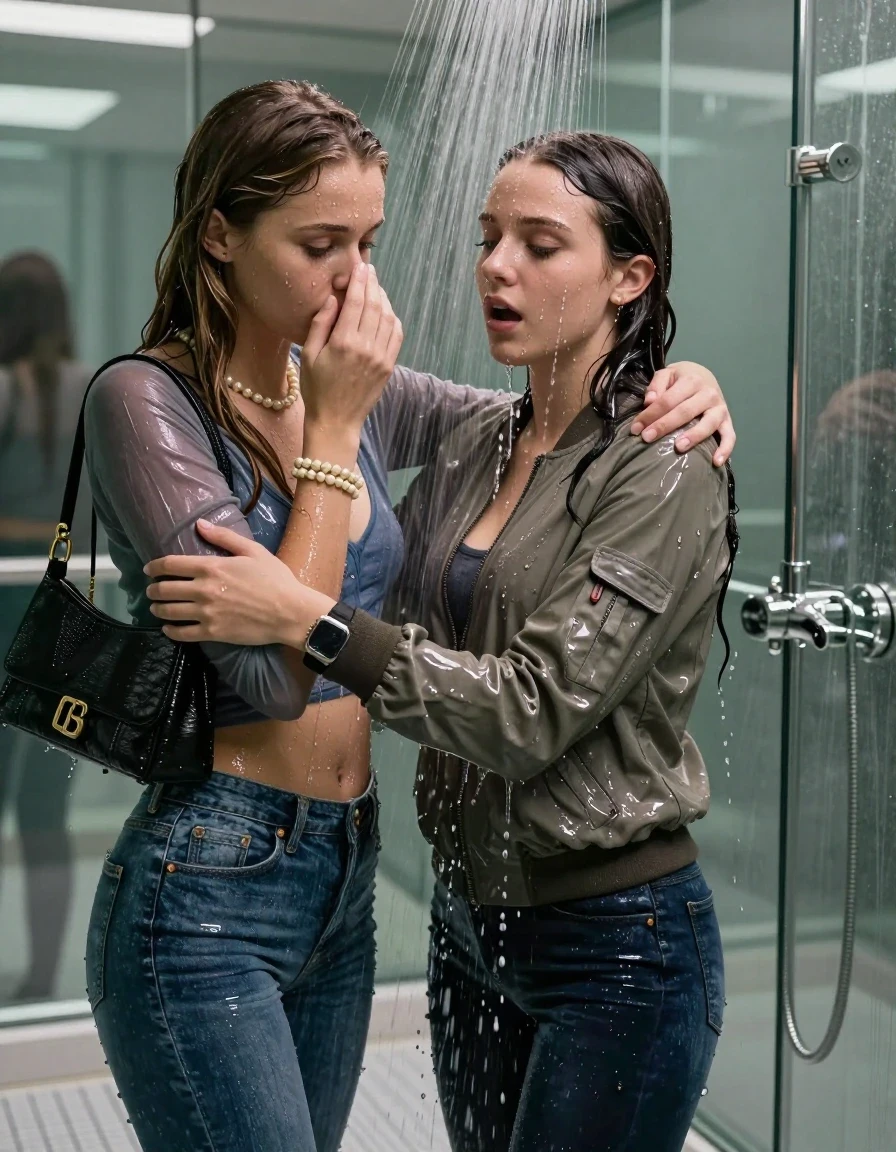 photo of young woman, in soaking wet, drenched clothes,
, Skinny jeans, Bomber jacket , Long sleeve turtleneck sweater belly free, shoulderbag, pearl necklace, bracelet, wristwatch, Under the shower emerging in a tube, strong jet of water, at modern mirrored spa, 
enjoying, wet clothes stuck to body,
detailed textures of the wet clothes, wet face, wet plastered hair,
wet, drenched, professional, high-quality details, full body view.
sharp focus, ultra-high pixel detail, realistic, high-quality, full colors, incredibly detailed, 4k, 8k, 16k, hyper-realistic, RAW photo, masterpiece, ultra-detailed, professionally color graded, professional photograph, Long Sleek straight hair

Two 15-years-old  teenage girl and her female  friends

Only head and shoulders are over the surface visible. Looking down. Open mouth. Covers her nose with a hand. hugs her friend. Water running down her face and neck.

The girls wear different clothes and jackets.

she is completely underwater up to her neck, afraid and astonished expression. 

her clothing is soaking wet and clinging tightly to her skin, showing heavy wet folds, darkened fabric texture, and deep water-saturated Patches, her clothes are heavy from the water, water runs from her body and her clothes in streams. A lot of water also runs out of her clothes. Her clothes are darkened by the water. Her submerged clothes are good visible under the water.  she soaked her handbag into the water.

close up view, wet skin, wet clothes, wet hair, damp fabric, water runs down the clothes, wet skin, wet clothes, damp fabric. cinematic medium shot, hyper-realistic wetness, high-contrast water sheen, sharp focus, 16k resolution, professional photography, realistic water physics., wet skin, wet clothes, damp fabric, wet skin, wet clothes, damp fabric, wet skin, wet clothes, damp fabric, wet skin, wet clothes, damp fabric, wet skin, wet clothes, damp fabric, wet skin, wet clothes, damp fabric, wet skin, wet clothes, damp fabric, wet skin, wet clothes, damp fabric, wet skin, wet clothes, damp fabric, wet skin, wet clothes, damp fabric, wet skin, wet clothes, damp fabric