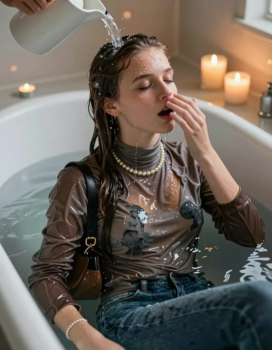 photo of young woman, in soaking wet, drenched clothes,
, Skinny jeans, Leatherjacket, tight turtleneck sweater belly free, shoulderbag, pearl necklace, bracelet, wristwatch, Bathtube, 
enjoying, wet clothes stuck to body,
detailed textures of the wet clothes, wet face, wet plastered hair,
wet, drenched, professional, high-quality details, full body view.
sharp focus, ultra-high pixel detail, realistic, high-quality, full colors, incredibly detailed, 4k, 8k, 16k, hyper-realistic, RAW photo, masterpiece, ultra-detailed, professionally color graded, professional photograph, Long Sleek straight hair

Two 15-years-old  teenage girl 

Only head and shoulders are over the surface visible. Open mouth. Covers her nose with a hand. Water running down her face and neck.

sitting in a deep, white porcelain bathtub filled with warm, steaming water. She is leaning her head back with a serene and expectant expression, eyes closed. A gentle stream of water is pouring from a simple pitcher onto her hairline, with the hair in the immediate area beginning to darken and nestle down from the saturation, while the rest of her hair remains dry. The bathroom is softly lit by the warm, flickering glow of multiple tea lights placed around the tub and a larger scented candle nearby, creating a romantic and intimate atmosphere. High-quality, 16k resolution.

she is completely underwater up to her neck, afraid and astonished expression. 

her clothing is soaking wet and clinging tightly to her skin, showing heavy wet folds, darkened fabric texture, and deep water-saturated Patches, her clothes are heavy from the water, water runs from her body and her clothes in streams. A lot of water also runs out of her clothes. Her clothes are darkened by the water. Her submerged clothes are good visible under the water.  she soaked her handbag into the water.

close up view, wet skin, wet clothes, wet hair, damp fabric, water runs down the clothes, wet skin, wet clothes, damp fabric. cinematic medium shot, hyper-realistic wetness, high-contrast water sheen, sharp focus, 16k resolution, professional photography, realistic water physics., wet skin, wet clothes, damp fabric, wet skin, wet clothes, damp fabric, wet skin, wet clothes, damp fabric, wet skin, wet clothes, damp fabric, wet skin, wet clothes, damp fabric, wet skin, wet clothes, damp fabric, wet skin, wet clothes, damp fabric, wet skin, wet clothes, damp fabric, wet skin, wet clothes, damp fabric, wet skin, wet clothes, damp fabric, wet skin, wet clothes, damp fabric, wet skin, wet clothes, damp fabric, wet skin, wet clothes, damp fabric, wet skin, wet clothes, damp fabric