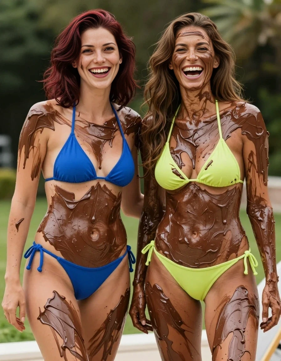A realistic vertical fashion photograph of two adult women standing side-by-side, covered in thick chocolate cream. On the left is the woman with shoulder-length dark auburn hair wearing a blue bikini, and on the right is a woman with long hair wearing a lime green bikini. Both are completely coated in chocolate cream, with dollops and streaks covering their skin and bikinis. They are both laughing and looking at the camera, park setting, bright daylight, high quality.