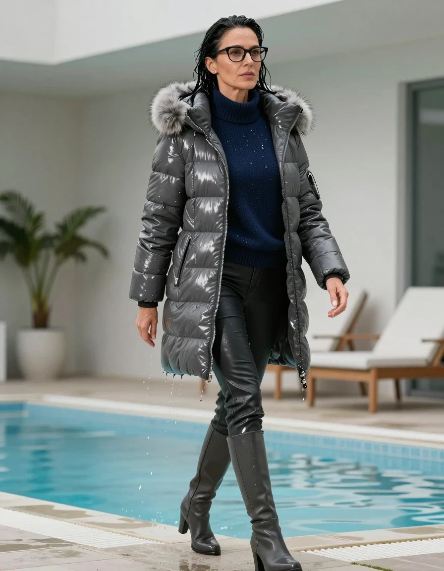 photo of young woman, in soaking wet, drenched clothes,
gray heeled boots, long back leather jeans, dark blue sweater with neck, maxi gray Moncler Shiny puffer down jacket with fur, walking and taking shower after bath in indoor pool, enjoying wet clothes stuck body, enjoying, wet clothes stuck to body, 
enjoying, wet clothes stuck to body,
detailed textures of the wet clothes, wet face, wet plastered hair,
wet, drenched, professional, high-quality details, full body view.
sharp focus, ultra-high pixel detail, realistic, high-quality, full colors, incredibly detailed, 4k, 8k, 16k, hyper-realistic, RAW photo, masterpiece, ultra-detailed, professionally color graded, professional photograph, europen brunette skinny woman 50 years old, long dark black hair, office glasses, very big and thick lips, complete body, wet skin, wet clothes, damp fabric, wet skin, wet clothes, damp fabric, wet skin, wet clothes, damp fabric, wet skin, wet clothes, damp fabric, wet skin, wet clothes, damp fabric, wet skin, wet clothes, damp fabric, wet skin, wet clothes, damp fabric