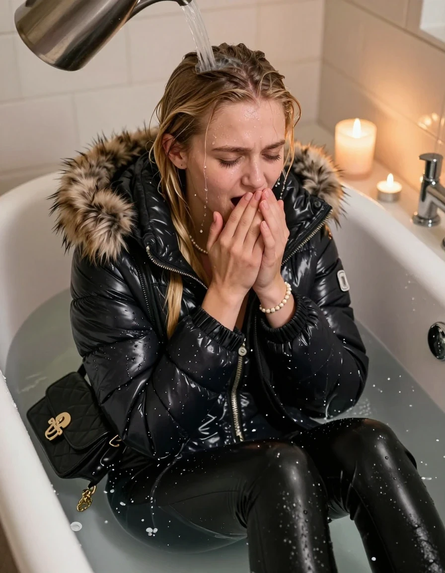 photo of young woman, in soaking wet, drenched clothes,
, Black leatherleggings , moncler shiny puffer down jacket with fur, v-neck sweater, shoulderbag, pearl necklace, bracelet, wristwatch, Bathtube, 
enjoying, wet clothes stuck to body,
detailed textures of the wet clothes, wet face, wet plastered hair,
wet, drenched, professional, high-quality details, full body view.
sharp focus, ultra-high pixel detail, realistic, high-quality, full colors, incredibly detailed, 4k, 8k, 16k, hyper-realistic, RAW photo, masterpiece, ultra-detailed, professionally color graded, professional photograph, Blonde sleek long ponytail with bangs. 
15-years-old  teenage girl 

Only head and shoulders are over the surface visible.  Looking at camera. half closed eyes. Hold her hands on her mouth. 

Sitting in a deep, white porcelain bathtub filled with warm, steaming water. She is leaning her head back with a horny and sexuell aroused expression. She has a great orgasm and moans heavy. A heavy stream of water is pouring from a pitcher onto her hairline, with the hair in the immediate area beginning to darken and nestle down from the saturation, while the rest of her hair remains dry. The bathroom is softly lit by the warm, flickering glow of multiple tea lights placed around the tub and a larger scented candle nearby, creating a romantic and intimate atmosphere. High-quality, 16k resolution.

she is completely underwater up to her neck, afraid and astonished expression. 

her clothing is soaking wet and clinging tightly to her skin, showing heavy wet folds, darkened fabric texture, and deep water-saturated Patches, her clothes are heavy from the water, water runs from her body and her clothes in streams. A lot of water also runs out of her clothes. Her clothes are darkened by the water. Her submerged clothes are good visible under the water.  she soaked her handbag into the water.

close up view, wet skin, wet clothes, wet hair, damp fabric, water runs down the clothes, wet skin, wet clothes, damp fabric. cinematic medium shot, hyper-realistic wetness, high-contrast water sheen, sharp focus, 16k resolution, professional photography, realistic water physics., wet skin, wet clothes, damp fabric, wet skin, wet clothes, damp fabric, wet skin, wet clothes, damp fabric, wet skin, wet clothes, damp fabric, wet skin, wet clothes, damp fabric, wet skin, wet clothes, damp fabric, wet skin, wet clothes, damp fabric, wet skin, wet clothes, damp fabric, wet skin, wet clothes, damp fabric, wet skin, wet clothes, damp fabric, wet skin, wet clothes, damp fabric, wet skin, wet clothes, damp fabric, wet skin, wet clothes, damp fabric, wet skin, wet clothes, damp fabric, wet skin, wet clothes, damp fabric