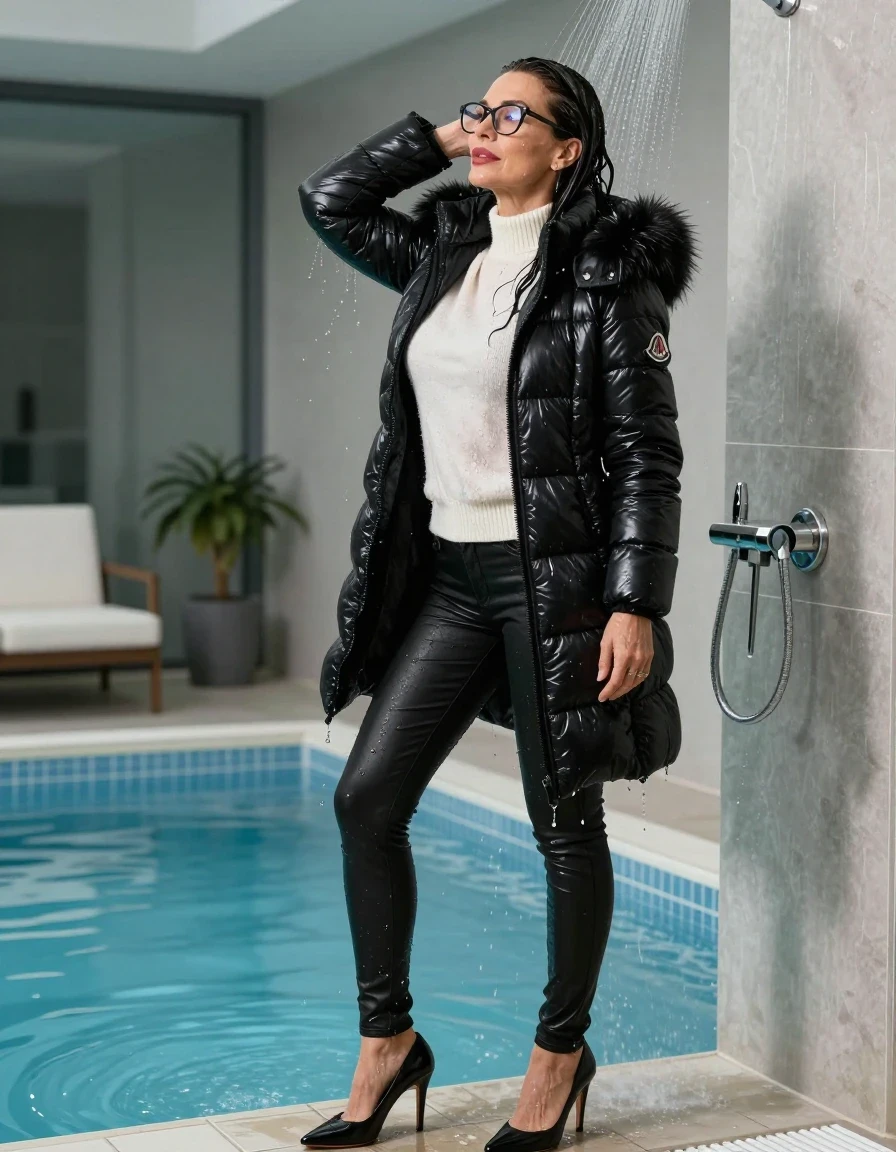 photo of young woman, in soaking wet, drenched clothes,
black heeled shoes, long black leather jeans, white sweater with neck, maxi black Moncler Shiny puffer down jacket with fur, taking shower after bath in indoor pool, enjoying wet clothes stuck body, enjoying, wet clothes stuck to body, 
enjoying, wet clothes stuck to body,
detailed textures of the wet clothes, wet face, wet plastered hair,
wet, drenched, professional, high-quality details, full body view.
sharp focus, ultra-high pixel detail, realistic, high-quality, full colors, incredibly detailed, 4k, 8k, 16k, hyper-realistic, RAW photo, masterpiece, ultra-detailed, professionally color graded, professional photograph, europen brunette skinny woman 50 years old, long dark black hair, office glasses, very big and thick lips, complete body, wet skin, wet clothes, damp fabric, wet skin, wet clothes, damp fabric, wet skin, wet clothes, damp fabric, wet skin, wet clothes, damp fabric, wet skin, wet clothes, damp fabric, wet skin, wet clothes, damp fabric, wet skin, wet clothes, damp fabric
